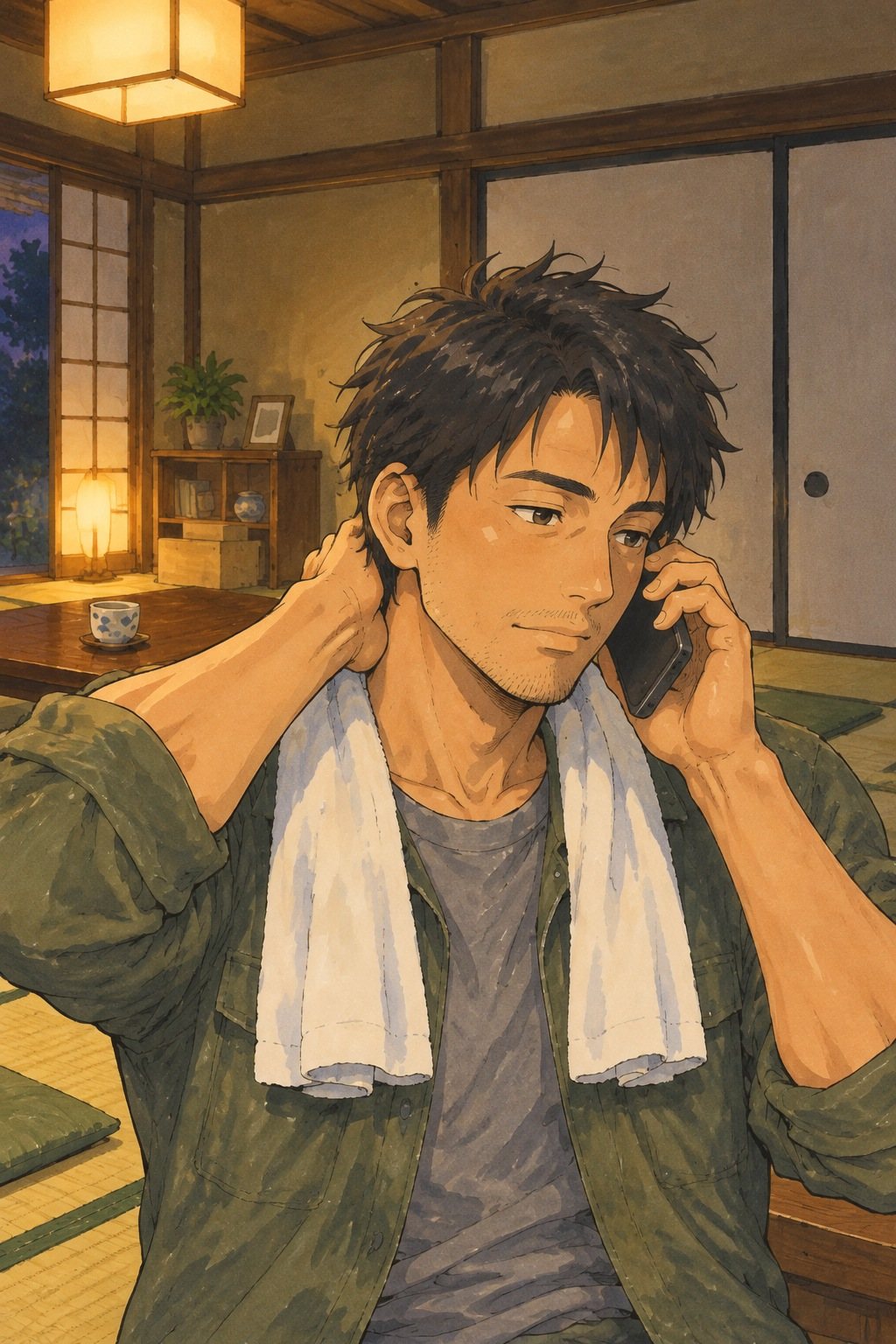 夜の部屋の30代の男性の胸から上。スマホを耳に当て、片手で首の後ろをかく。