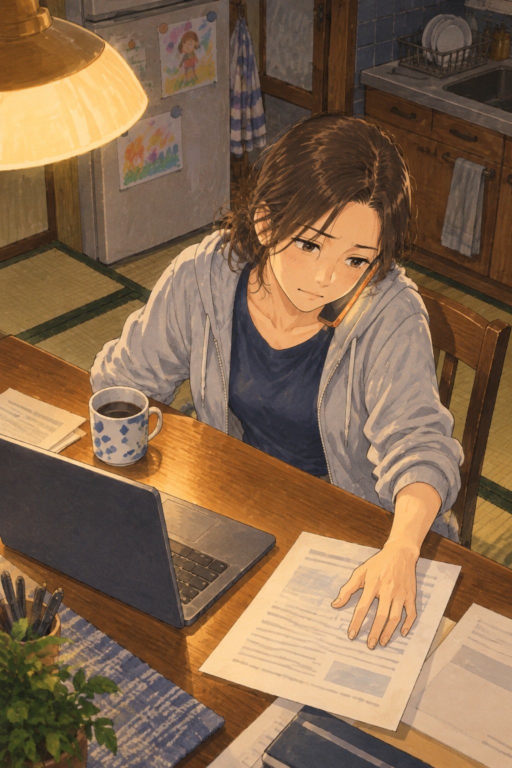 少し上から、食卓の女性。スマホを肩で挟み、空いた手でテーブルの紙を押さえる。