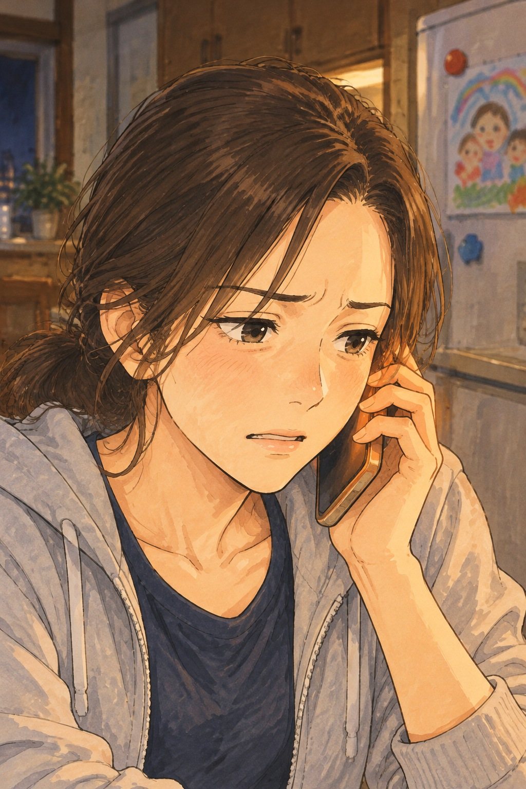 女性の顔の寄り。眉を下げてスマホに話しかける。冷蔵庫の子どもの絵がぼけて見える。