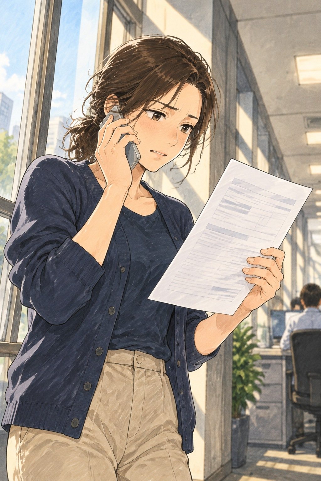 昼の会社の廊下の窓ぎわ。スマホを耳に当て、印刷した紙を片手に持つ女性。少しけわしい顔。