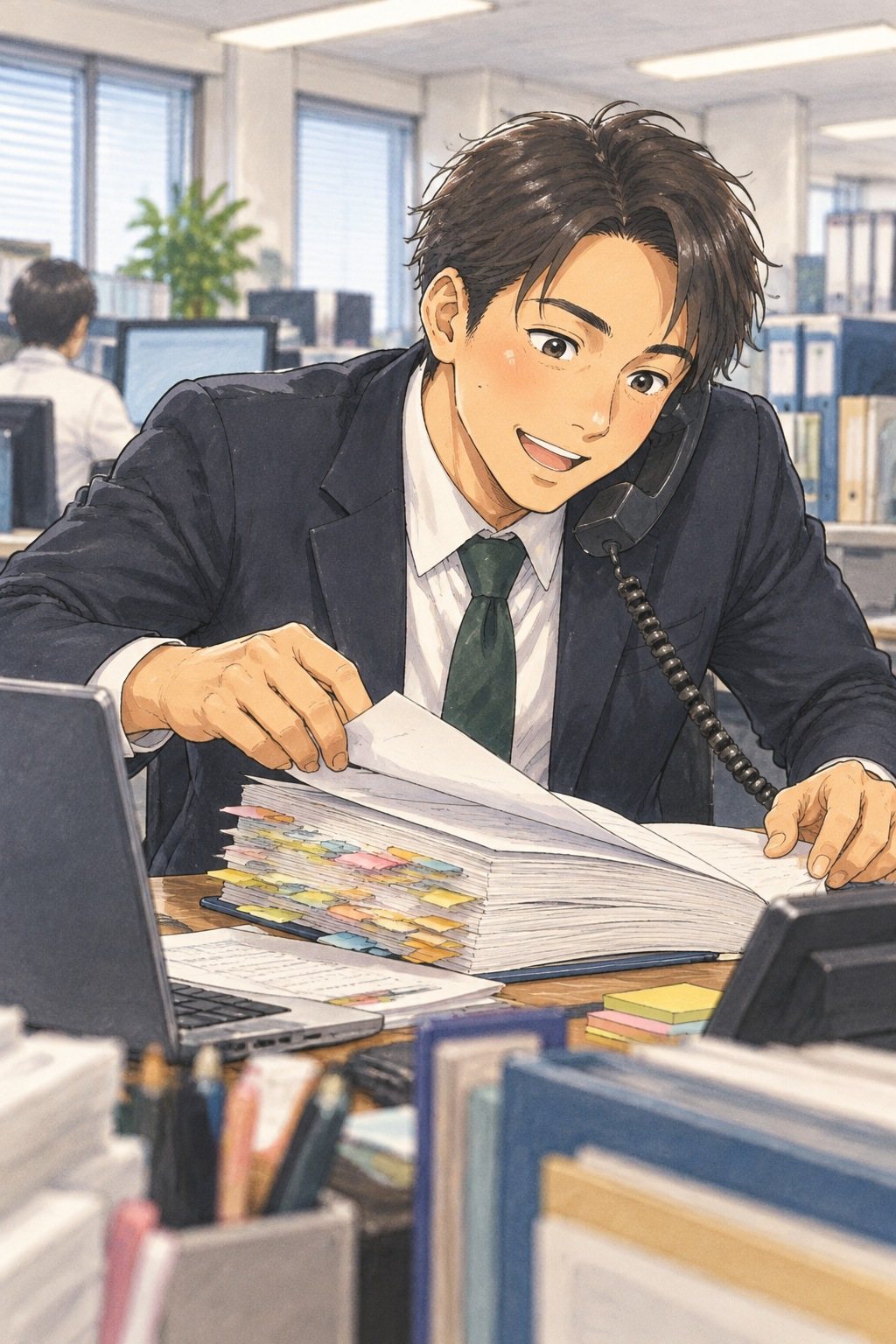 昼のオフィスの机。付箋だらけの分厚い書類をめくりながら、受話器に向かって身を乗り出して話す若い男性の営業。