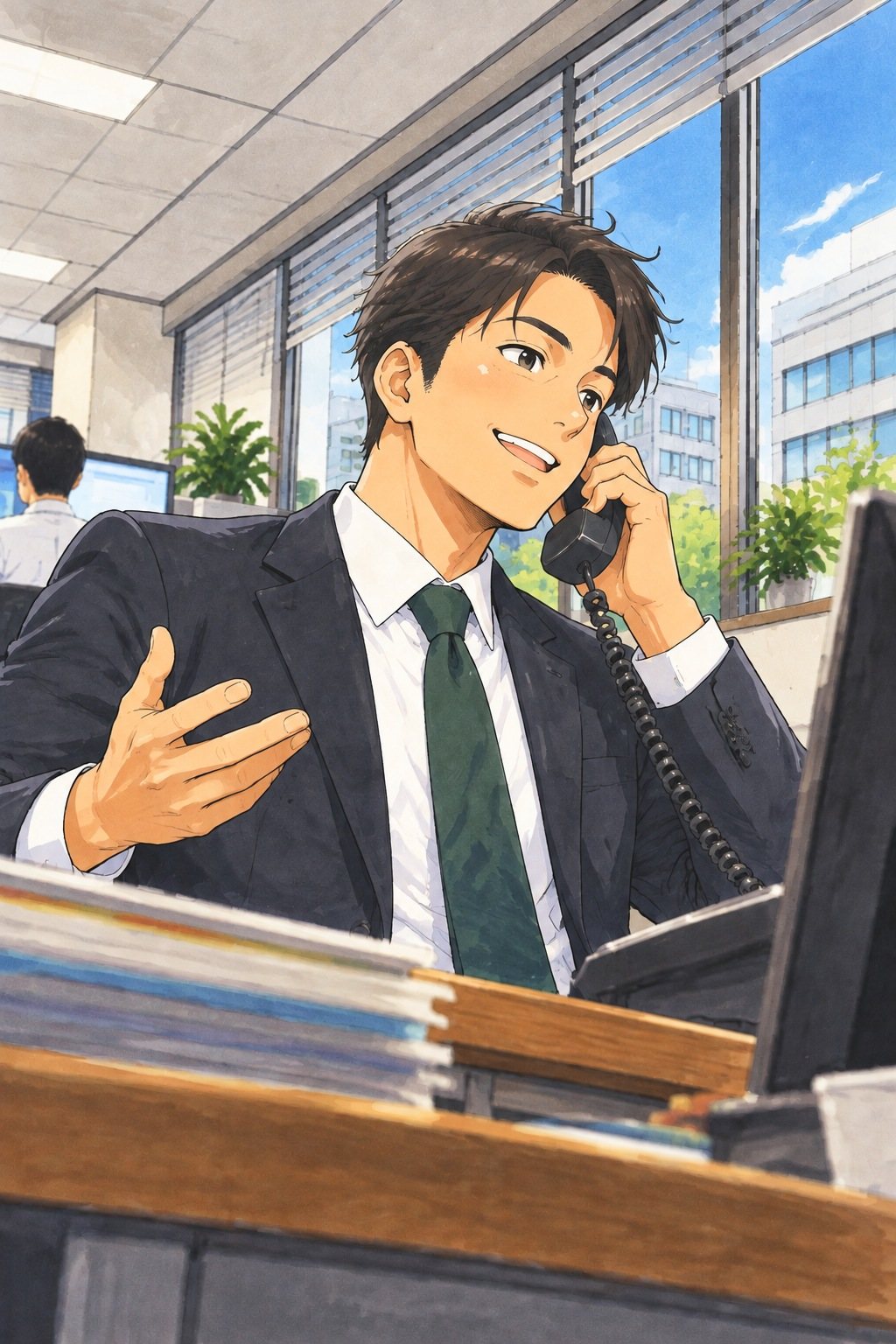 20代の営業の男性の胸から上を少し下から。受話器を耳に当て、明るい窓を背に身ぶりをつける。