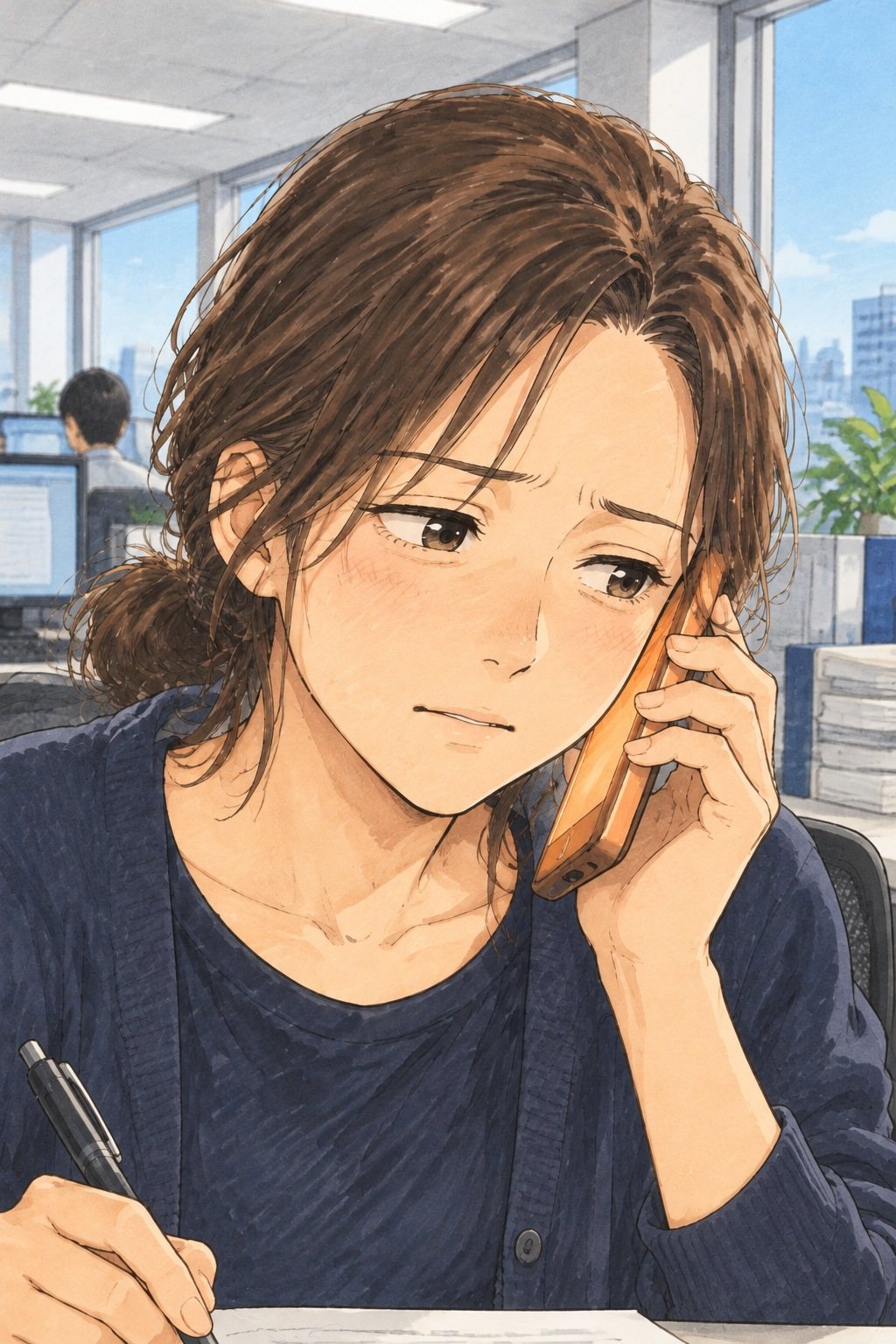 女性の顔の寄り。スマホを耳に当てて首をかしげ、ペンを持つ手が止まる。