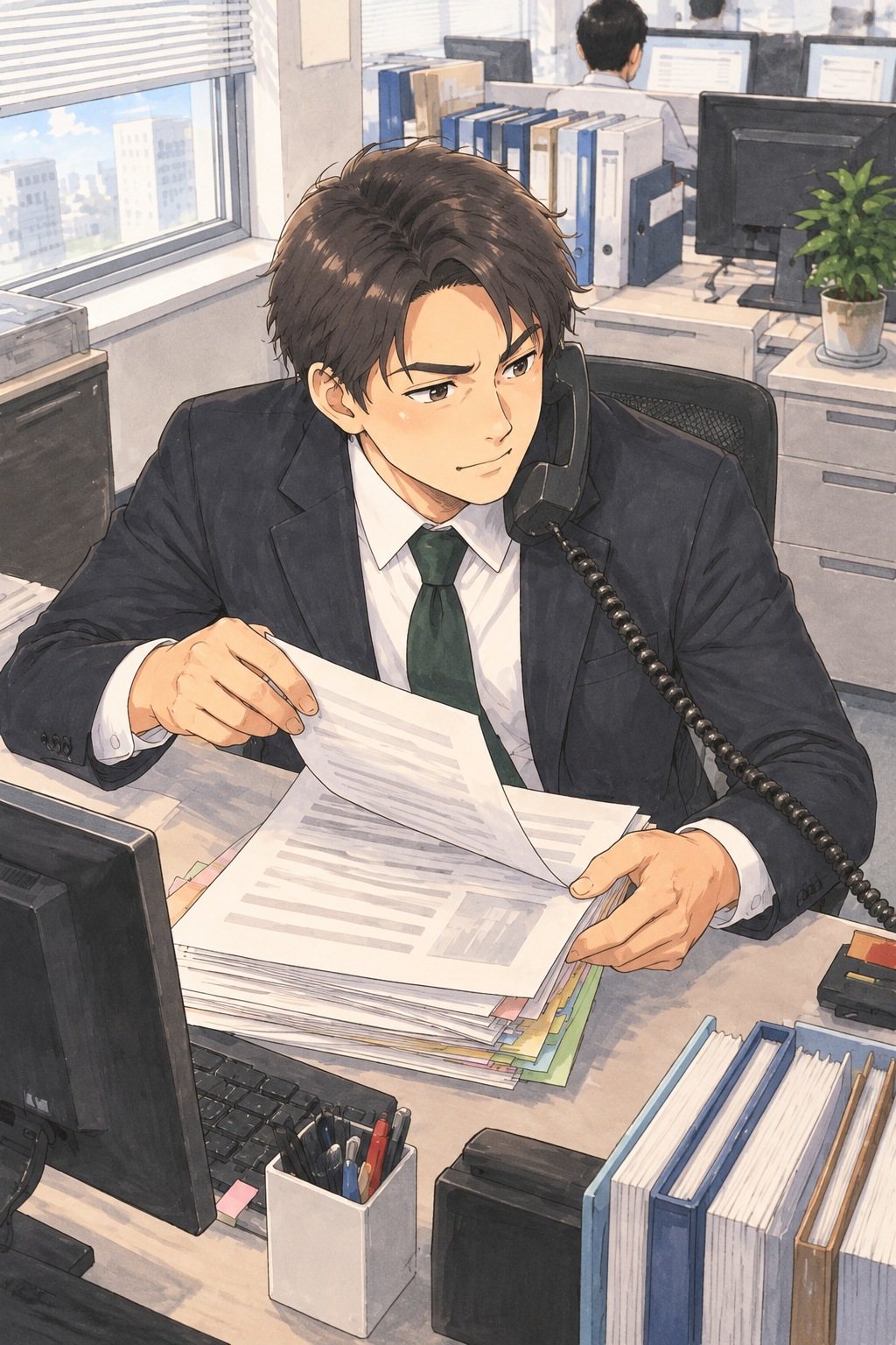 少し上から営業の男性。受話器を肩と耳で挟み、机の査定書の束(字は読めない)を両手でめくり、目が泳ぐ。