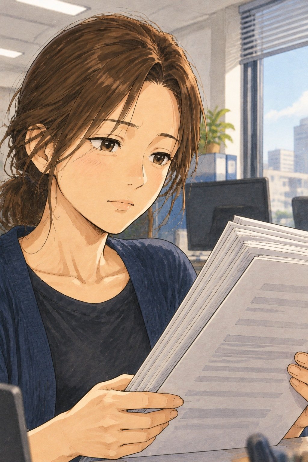 昼の会社の席の女性の胸から上。分厚い紙の束を持ち上げて、重さを量るように見る。