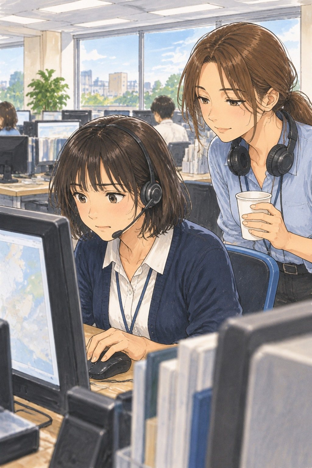 窓口の席。地図の画面の光を顔に受け、マウスに手を置いたまま画面に見入る新人の女性。後ろから、紙コップを持った先輩の女性が画面をのぞきこんでいる。