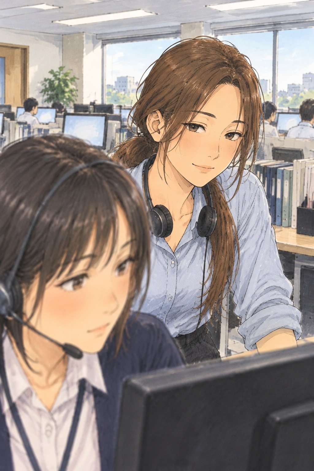 新人の肩越しに、画面をのぞく小野寺。長い髪を低く結び、眉ひとつ動かさない。