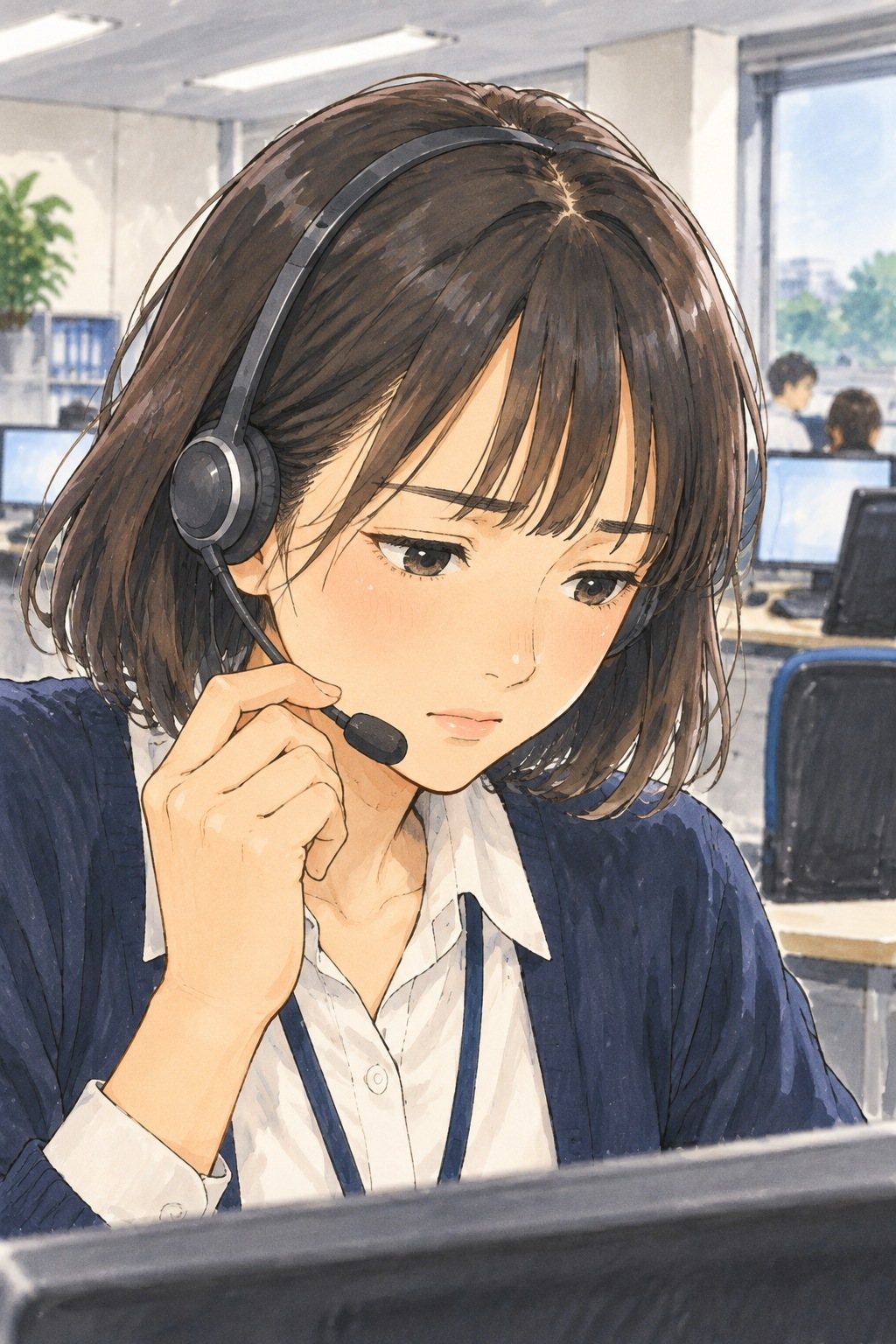新人の女性の顔の寄り。ヘッドセットのマイクを握り、机に目を落とす。