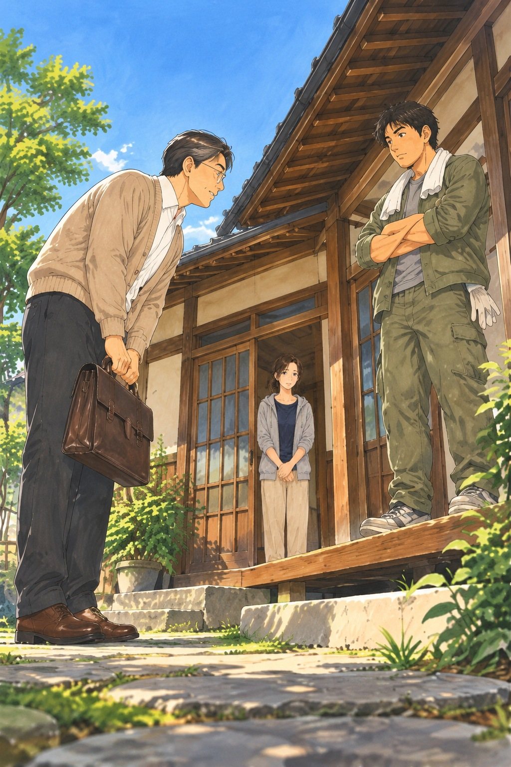 晴れた朝の、古い木造の家の前。古い革の鞄を提げて頭を下げる50代の男性を、低い所から見上げる。縁側では、腕を組んだ30代の男性が見下ろし、玄関の戸口に女性が立つ。
