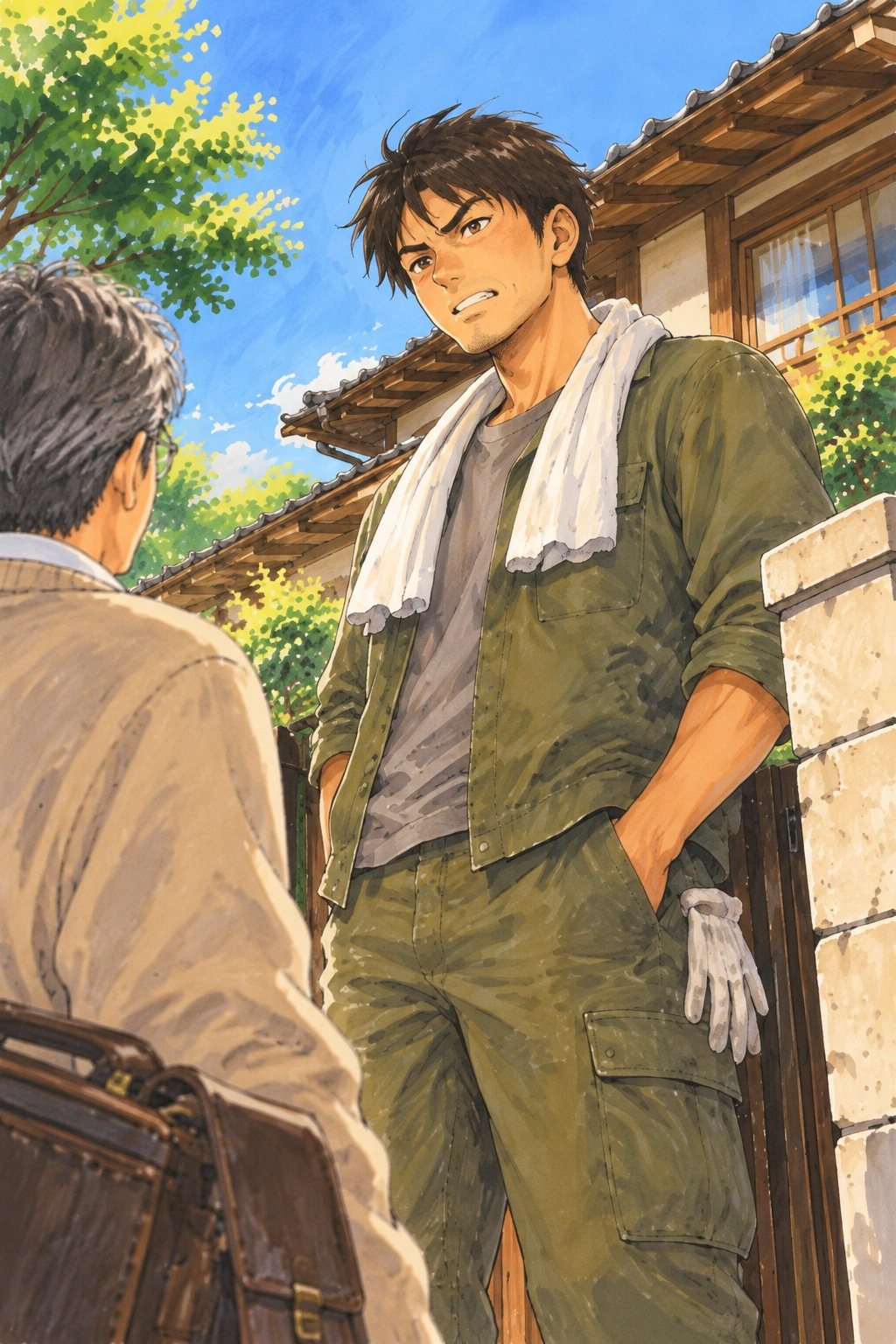 門柱に寄りかかる30代の男性を少し下から。手前に鞄を提げた男性の肩。ポケットに片手を入れ、口をへの字にして見下ろす。