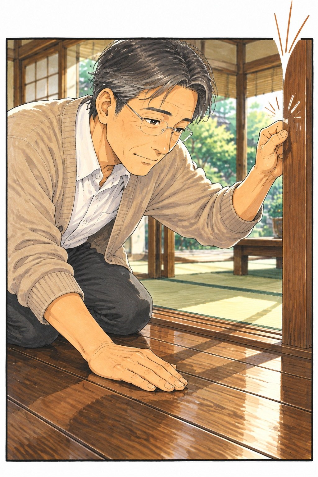 縁側。ひざをついた50代の男性が、つやのある縁側の床板を手のひらでなで、柱を指の関節で軽くたたいている寄り。