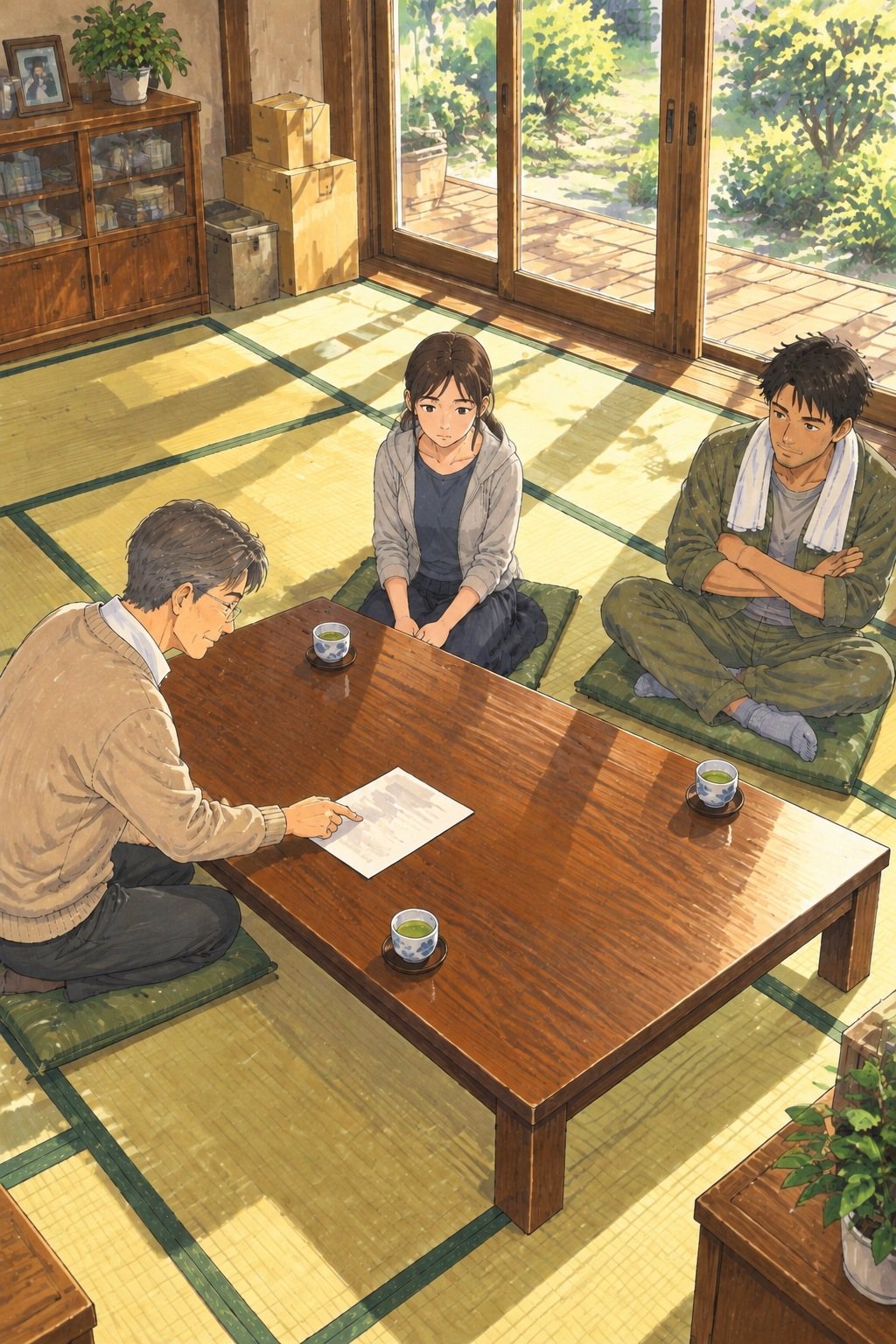 居間を少し上から見る。座卓の手前に正座した50代の男性が、紙を1枚、座卓の上に置いて指で押さえる。向かいに座る女性と、少し離れてあぐらをかき腕を組む男性。