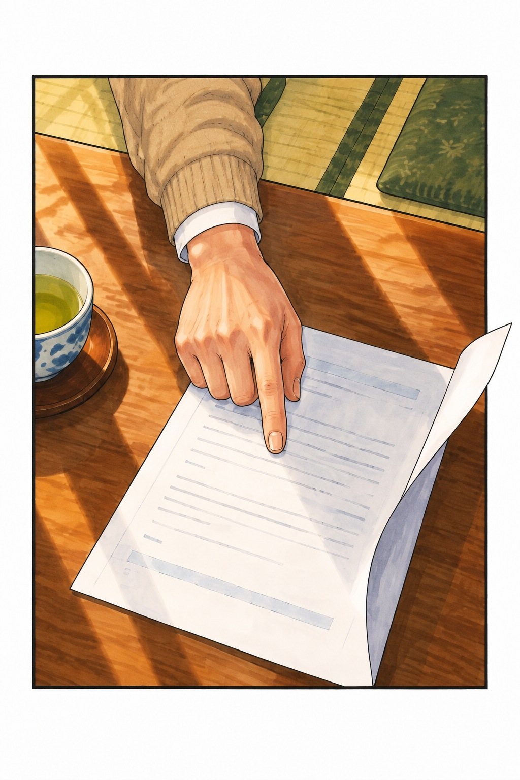 座卓の上の寄り。男性の手が紙を表に返し、人さし指で1つの行を押さえている（字は読めない細い線だけ）。