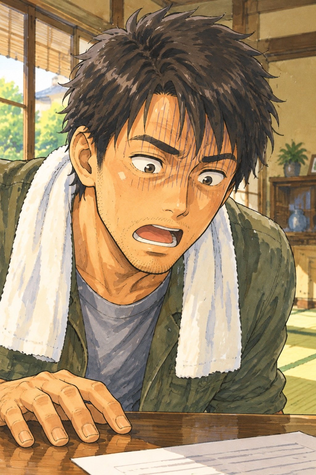 目を見開き、口を開けたまま身を乗り出す30代の男性の顔の寄り。顔に驚きの縦線。