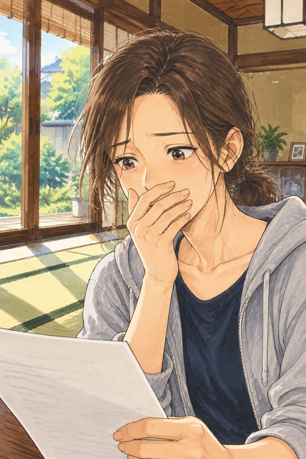 口元に手を当て、紙を見つめる女性の顔の寄り。