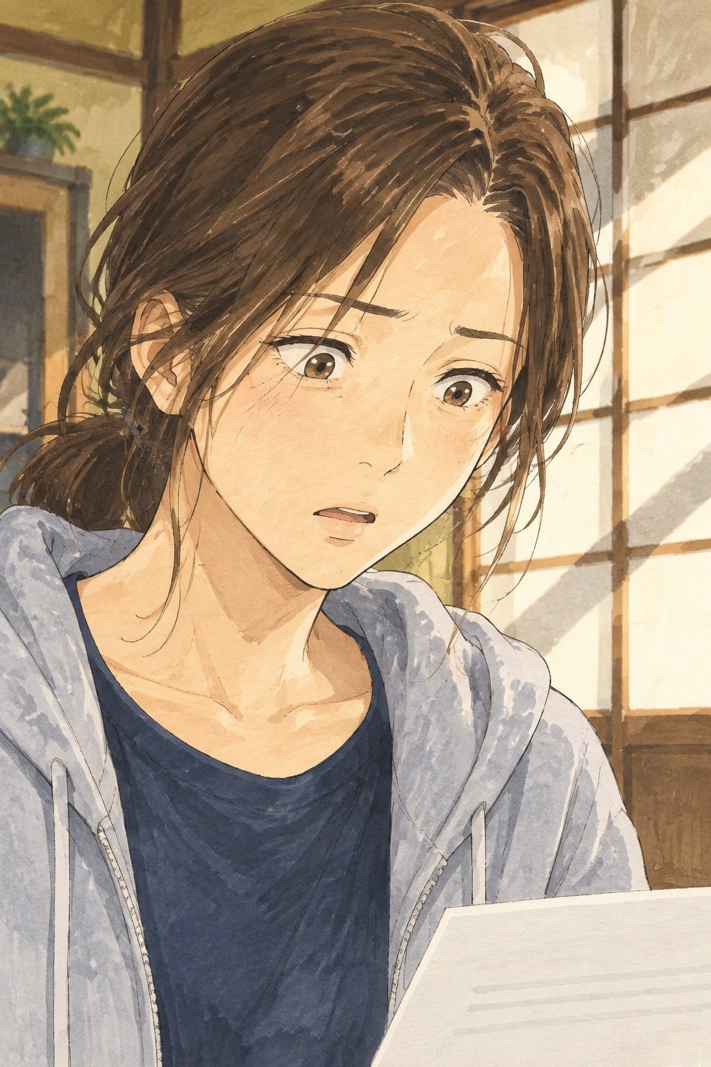 女性の顔の寄り。手に持った紙を見たまま息を止める。障子越しの光。