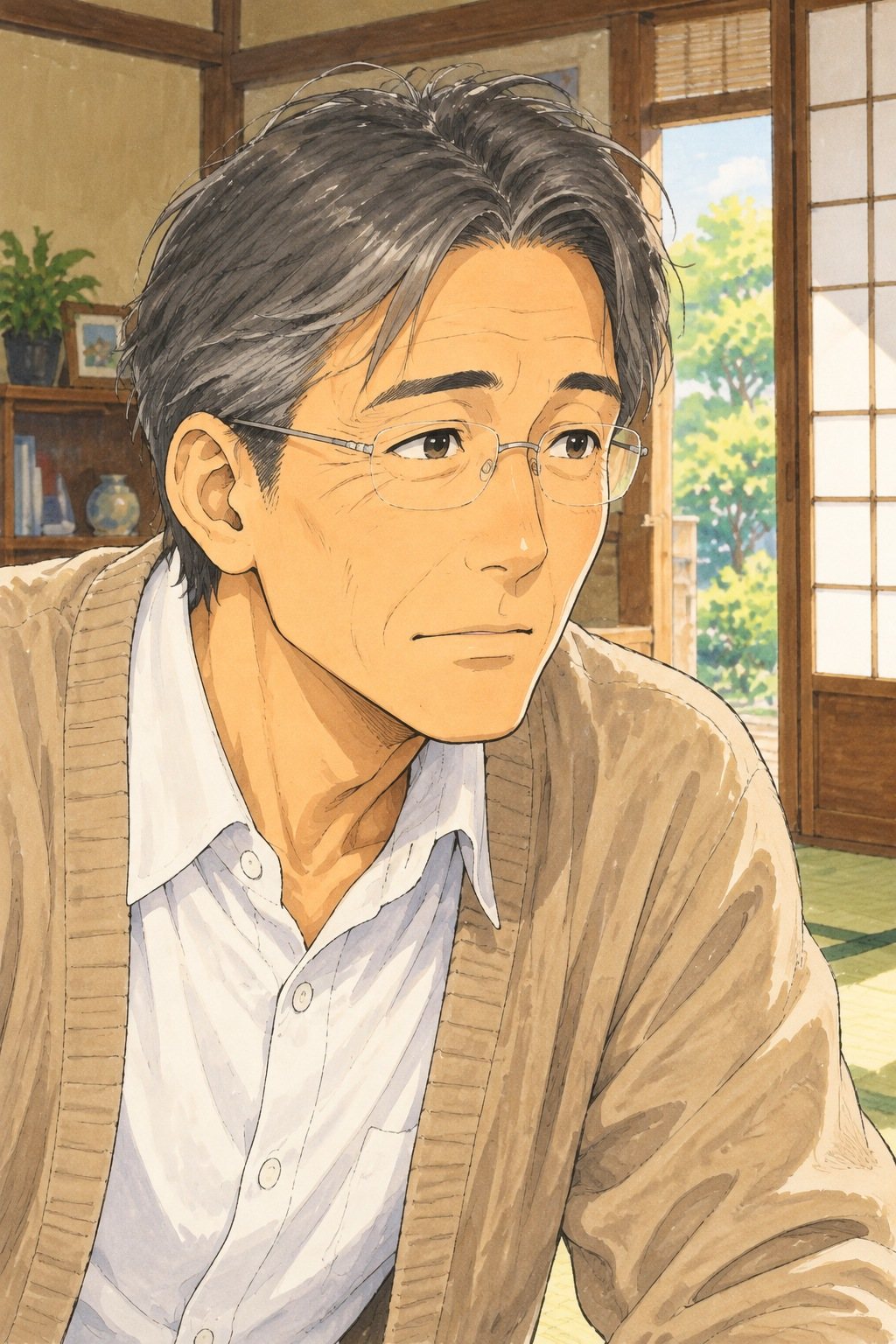 50代の男性の顔の寄り。眼鏡の奥の目は静かで、右の航の方を見る。