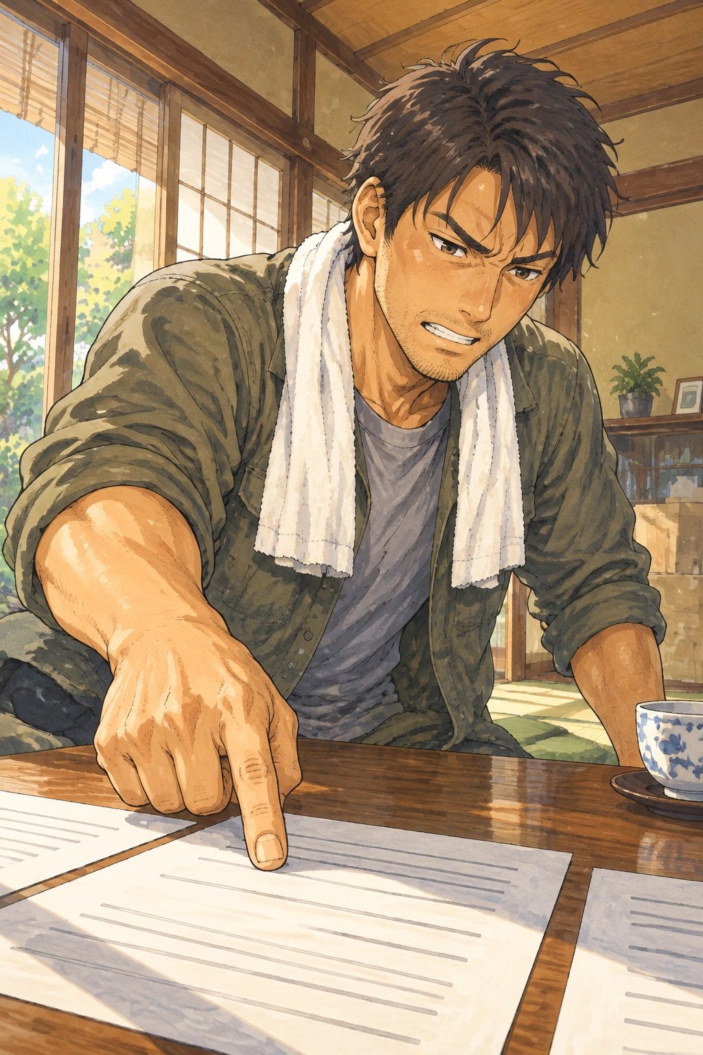 座卓の向こうの航を机の高さから。身を乗り出して紙を指で叩く。