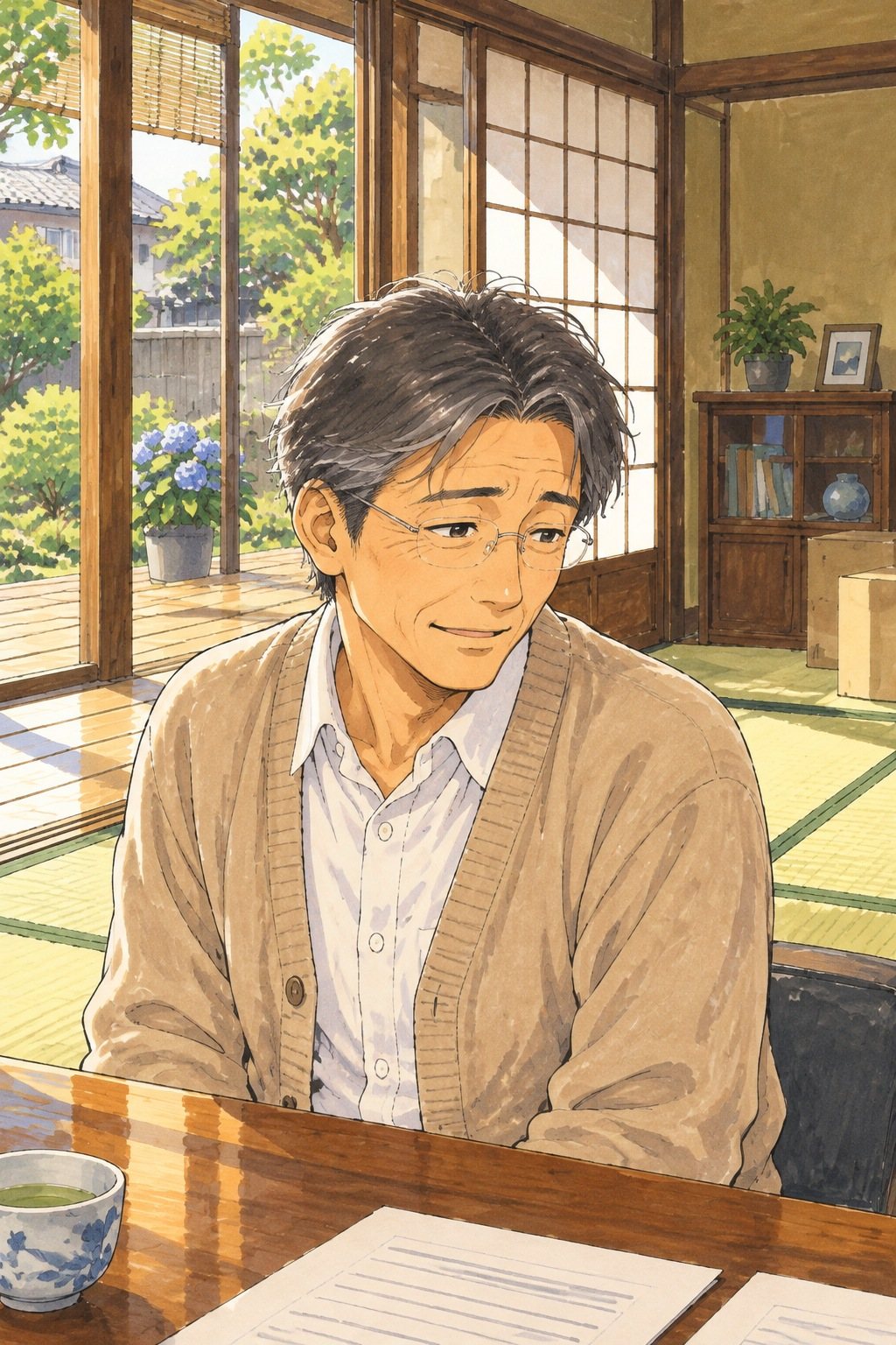 正座した男性の胸から上。縁側の床の方へ顔を向け、やわらかく言う。