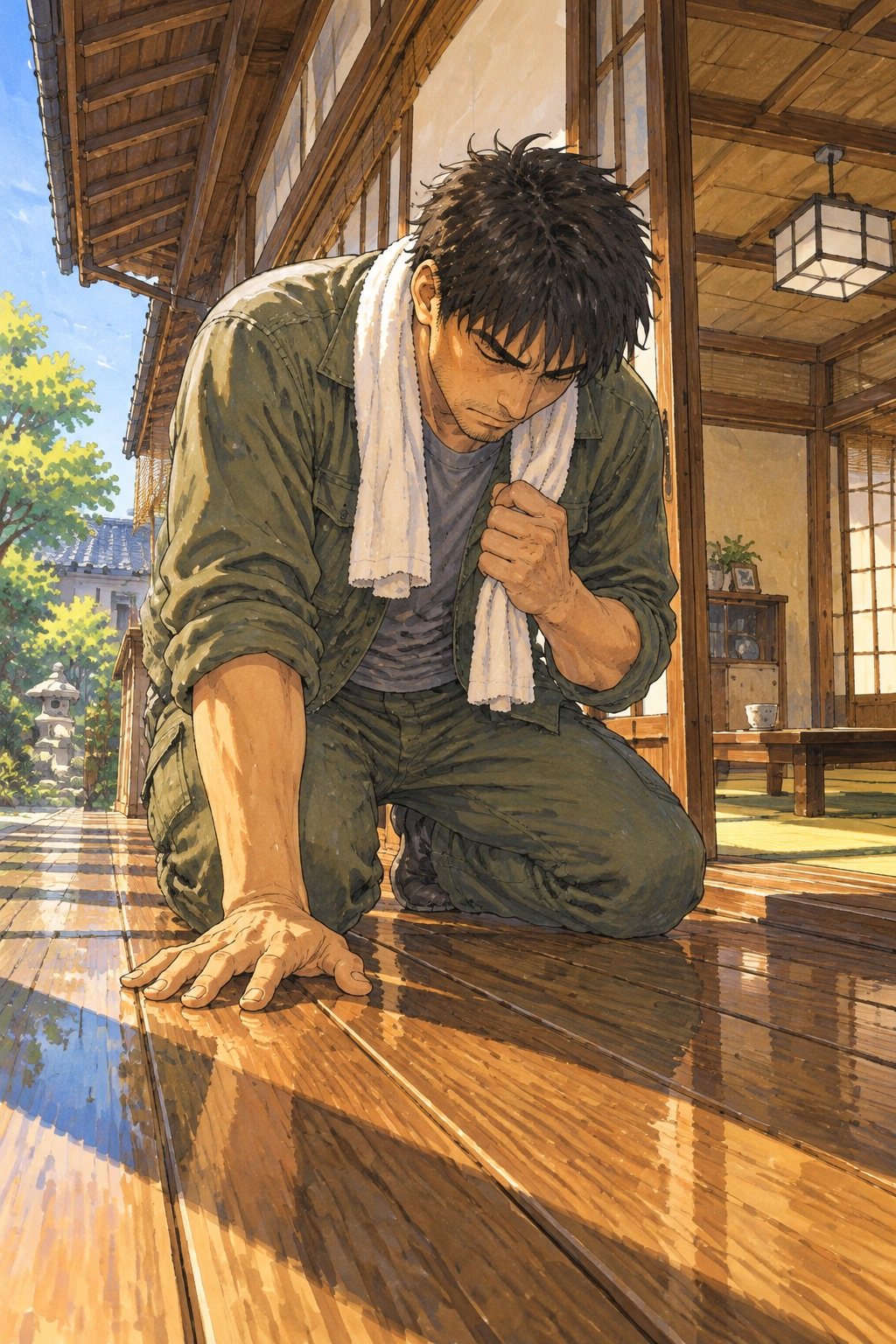 縁側。ひざをついた30代の男性が、うつむいて、つやのある床板に片手の手のひらを当てている。もう片方の手は首のタオルを強く握っている。