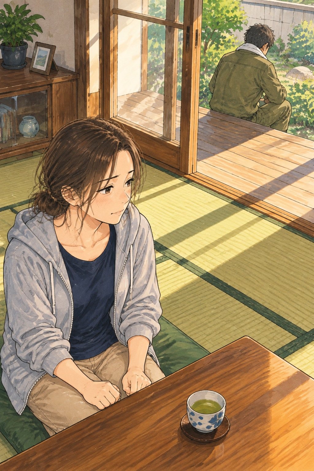少し上から、座卓の女性。膝の上で手を握り、縁側の弟の背中を見る。