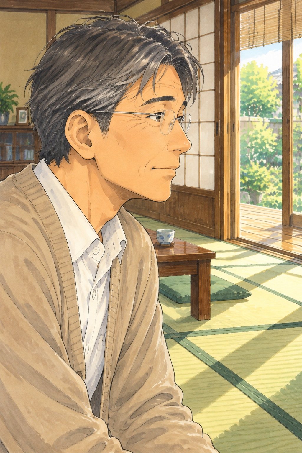 居間で正座したまま、縁側の男性のほうへ顔を向ける50代の男性の寄り。眼鏡の奥の目は静かで、口を結んでいる。