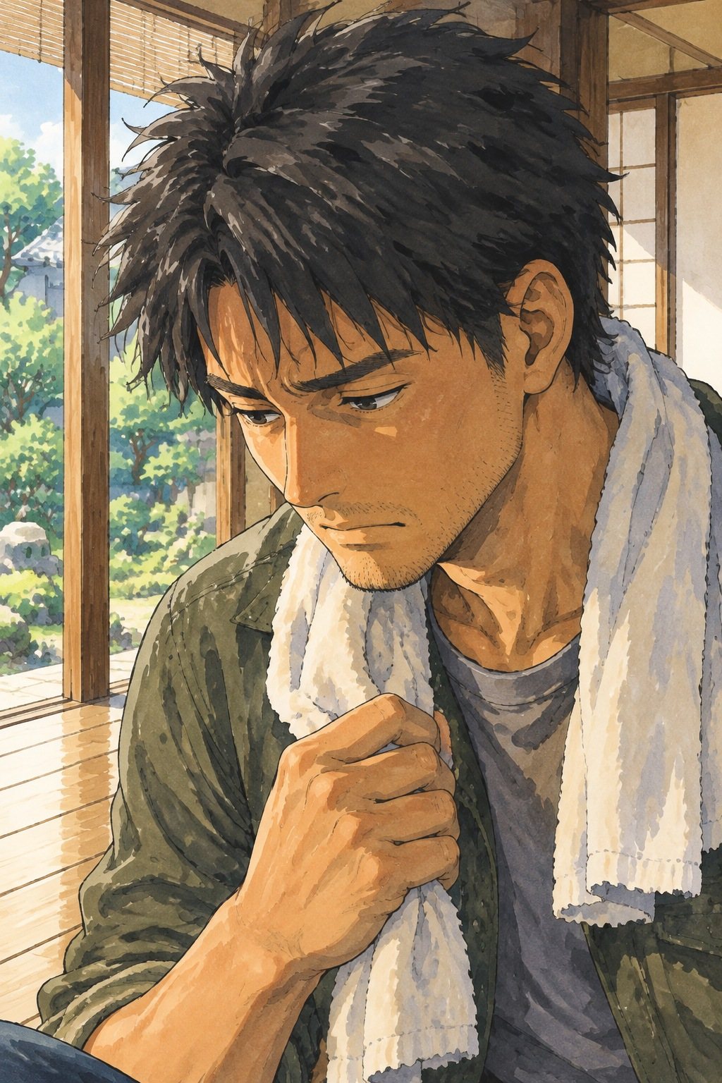 縁側に座りこんだ30代の男性の顔の寄り。口を固く結び、目を床に落としている。