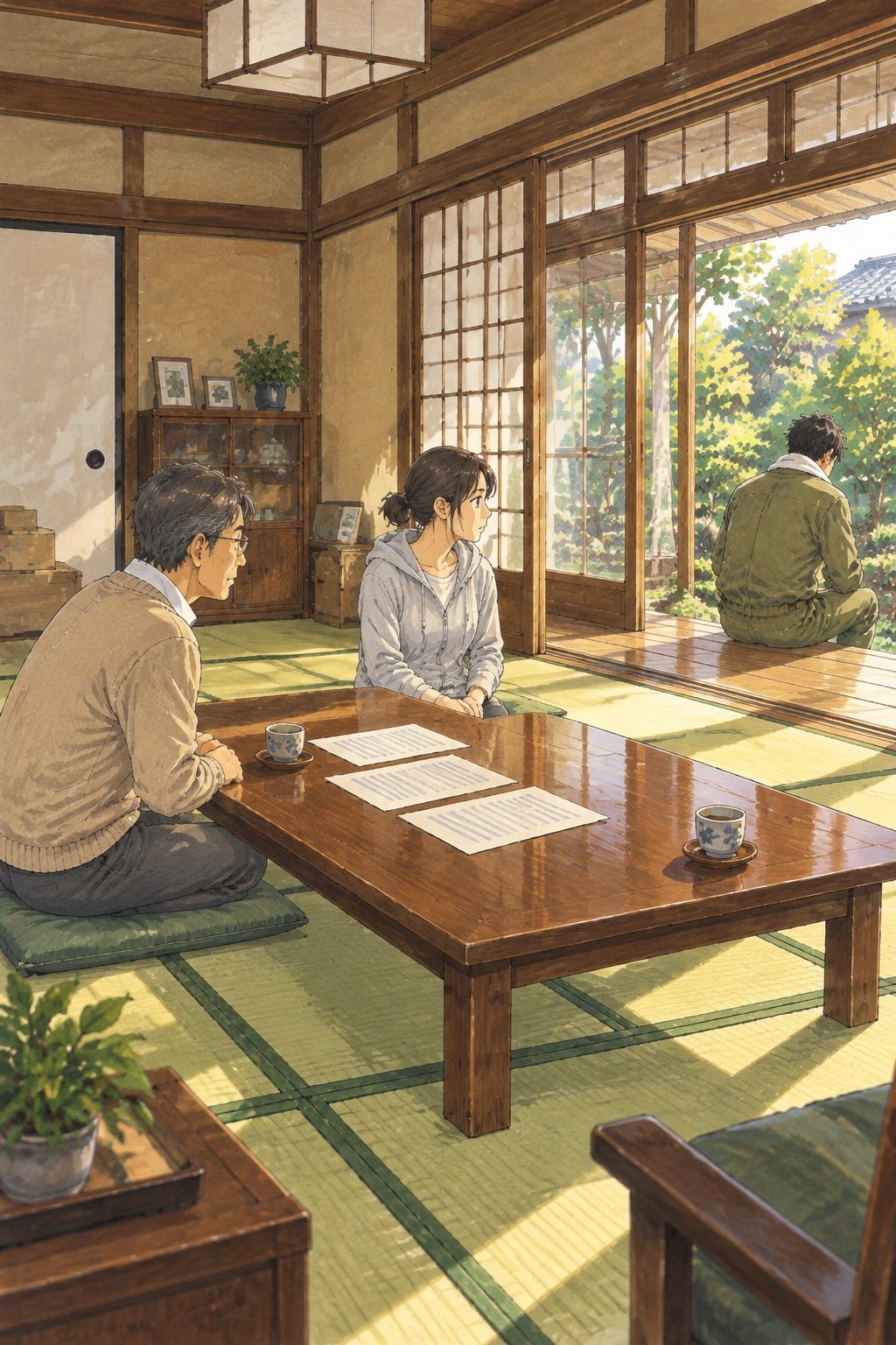 居間と縁側を少し離れて横から見る全景。座卓の手前に正座する50代の男性、座卓の向こうで膝に手を置く女性、開いた障子の外の縁側に背を向けて座る男性。座卓の上に、3枚の紙。