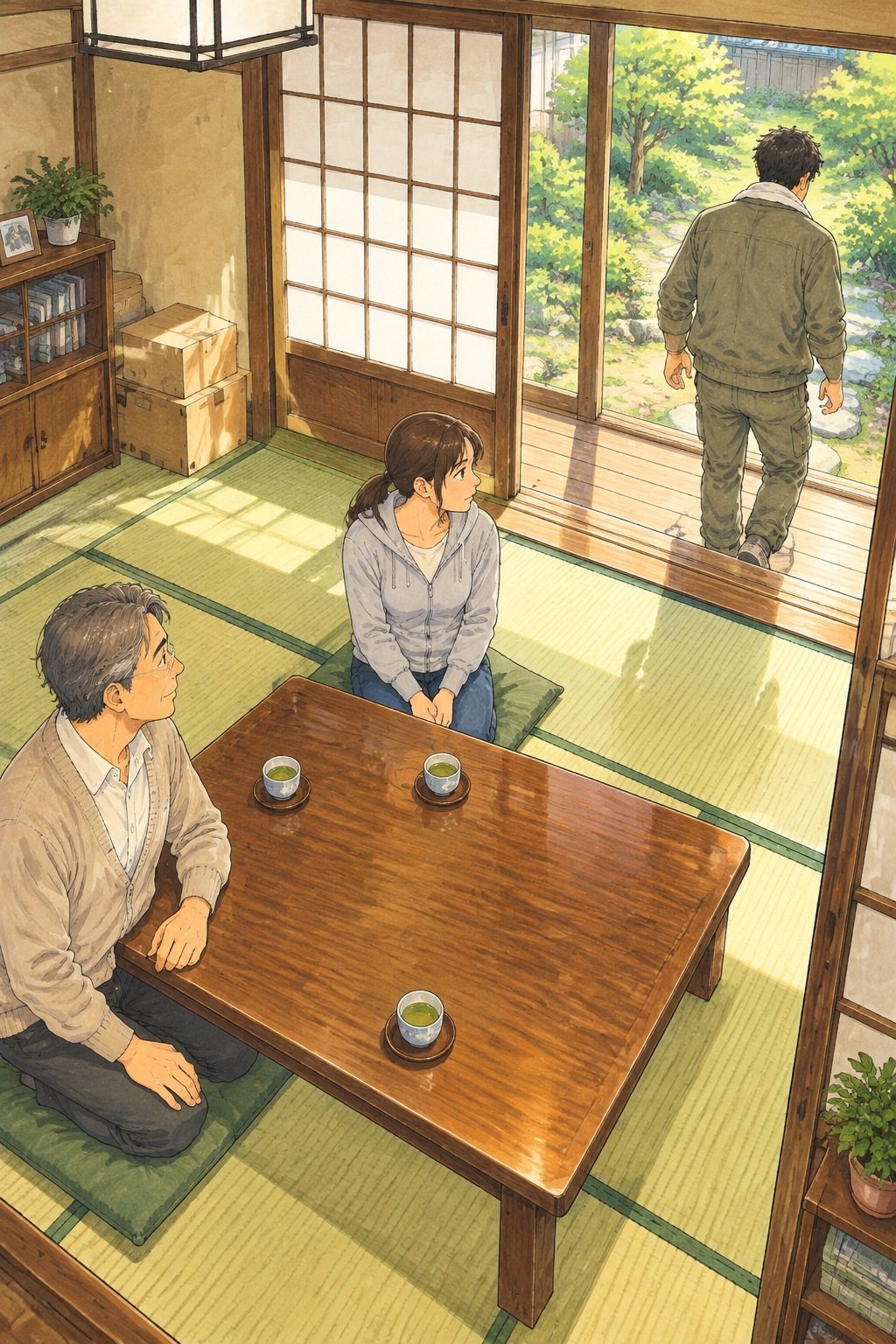 居間と縁側。手前の左に正座した50代の男性、座卓の向こうの真ん中に膝に手を置く女性。右の縁側で、首にタオルの30代の男性が床から立ち上がり、背を向けたまま庭へ下りかける。障子の外は白い昼の光。少し上から。