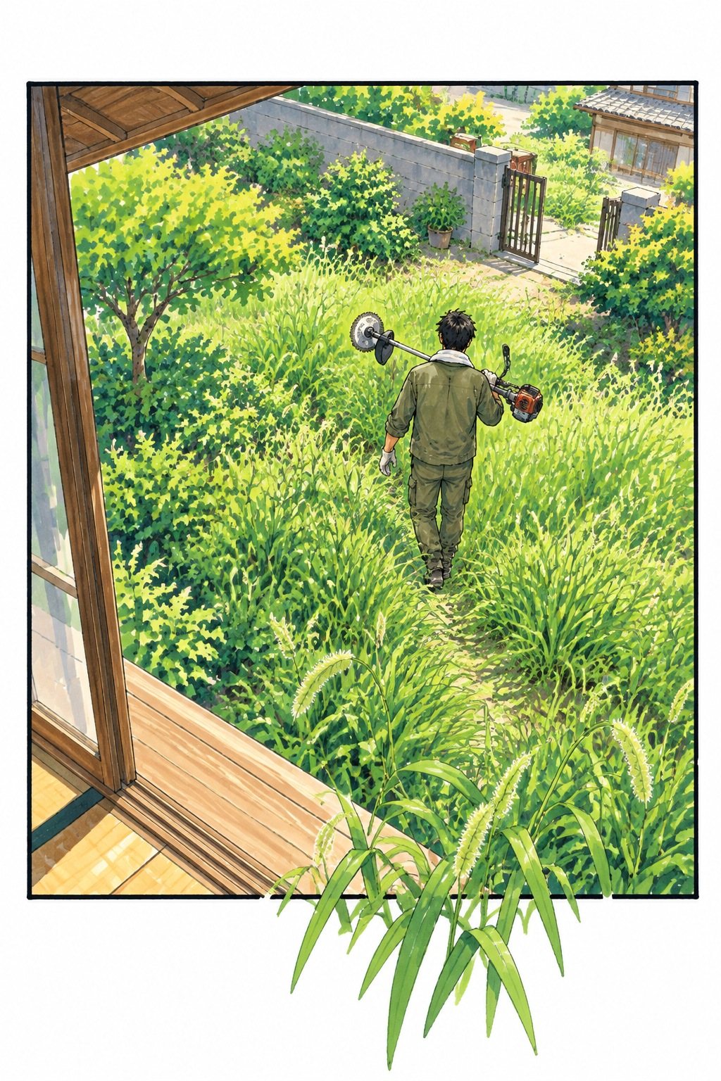縁側から見た夏草の庭。オリーブの作業の上着の30代の男性が、背を向けて草刈り機を肩にかけ、伸びた草の中へ歩いていく。首のタオル。白い昼の光。浅く見下ろす角度。