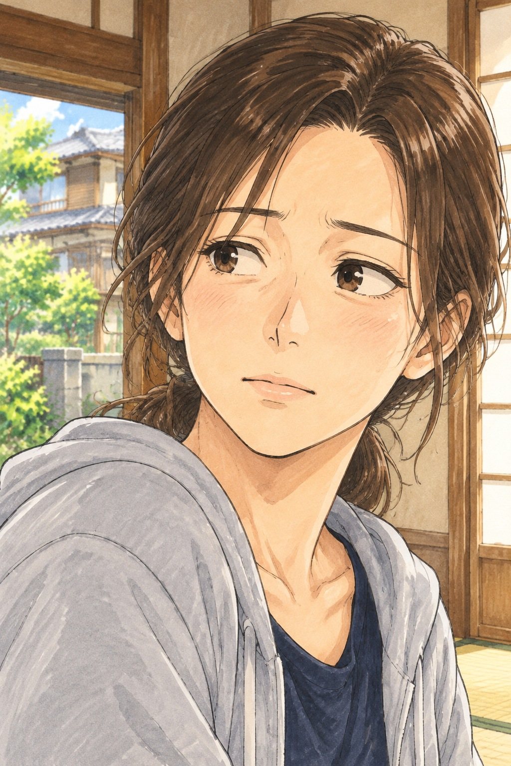 女性の顔の寄り。庭から目を戻し、座卓の北条を見て聞く。