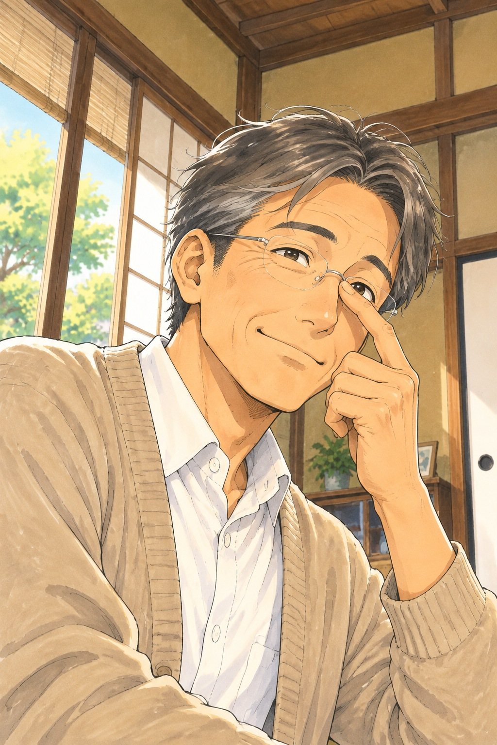 50代の男性の寄り。縁なしの眼鏡を指で押し上げ、口の端だけで笑う。ベージュのカーディガン。障子越しの白い光。少し下から。
