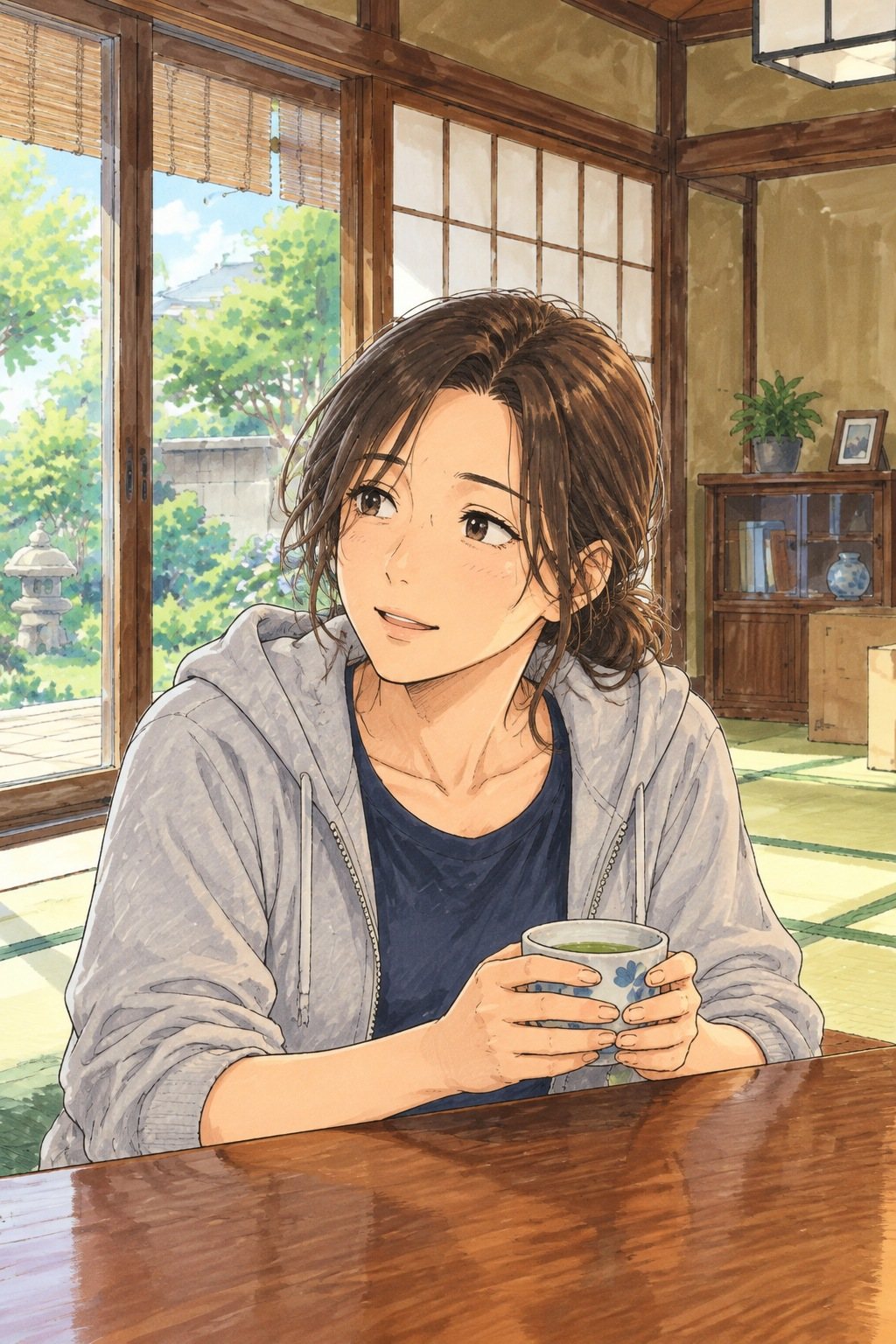 座卓の女性の胸から上。湯のみを両手で持ったまま、少し笑って北条の方を見る。