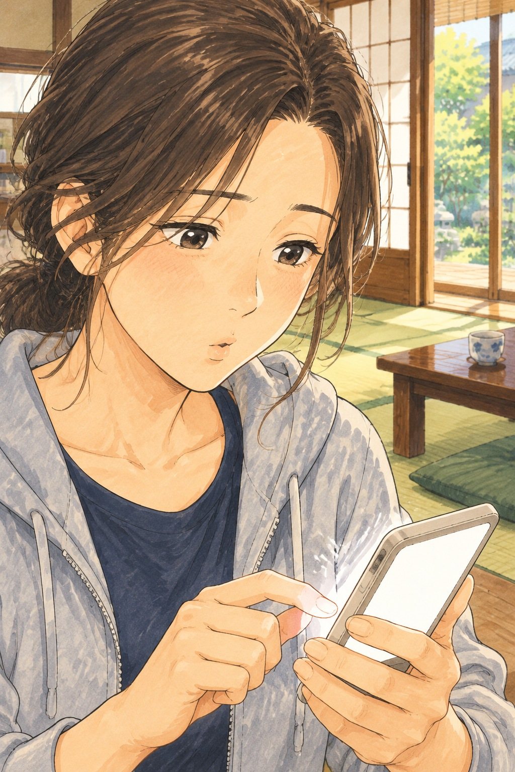 座卓の向こうの女性の寄り。スマホの電卓（画面は白い光と線だけ）を指で叩きながら、口を小さくすぼめて手元を見る。障子越しの白い光。少し上から。