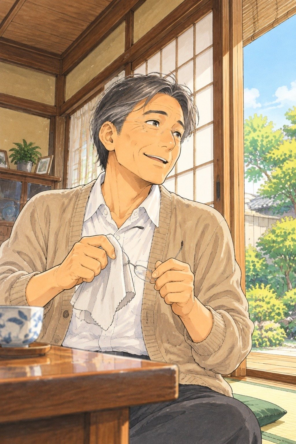 50代の男性を少し下から。外した眼鏡を布で拭きながら、窓の外の方を見て話す。