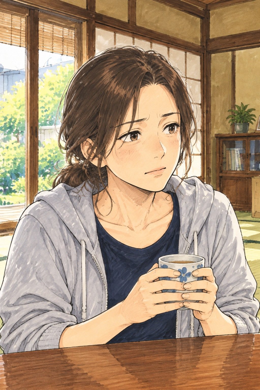 座卓の向こうの女性の寄り。湯のみを両手で包んだまま、眉を寄せて北条を見る。障子越しの白い光。目の高さ。