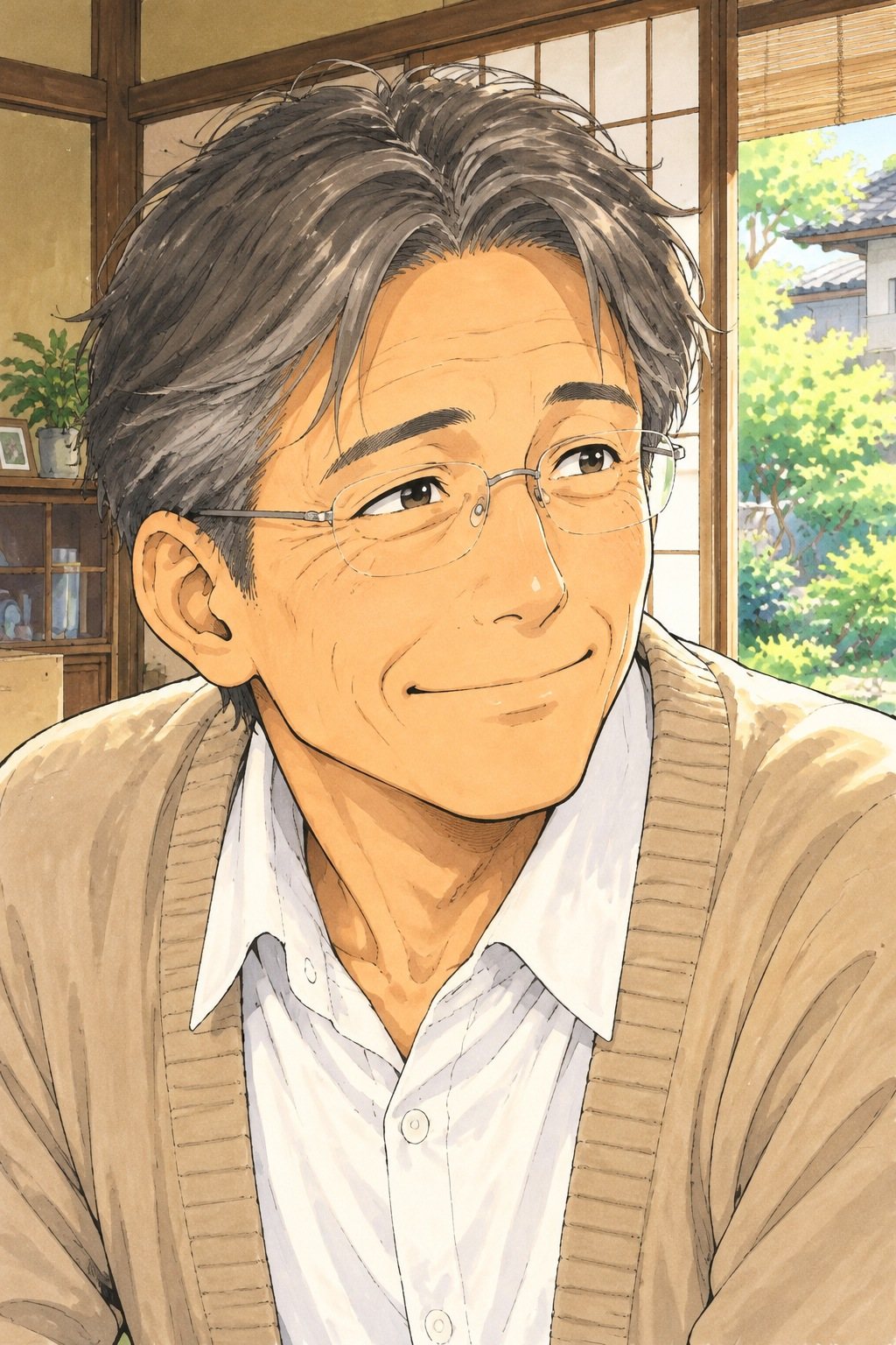 男性の顔の寄り。口の端を上げ、眼鏡の奥の目が少し笑う。