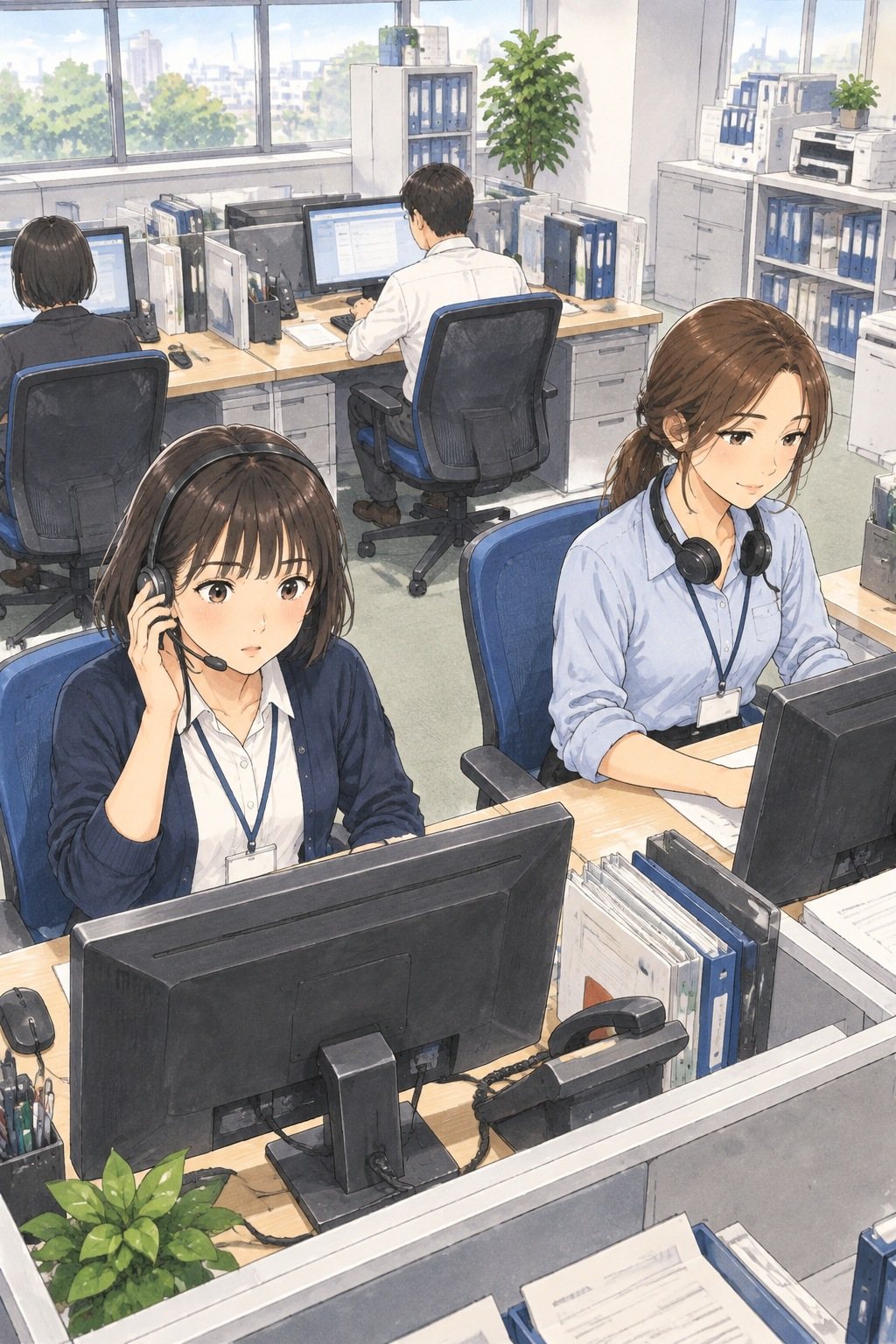 白い蛍光灯の窓口の部屋。前髪のある黒のボブの若い女性がヘッドセットで電話を受け、背すじを伸ばしたまま固まる。隣の席で、茶の長い髪を低く結んだ女性が画面を見ている。少し上から。