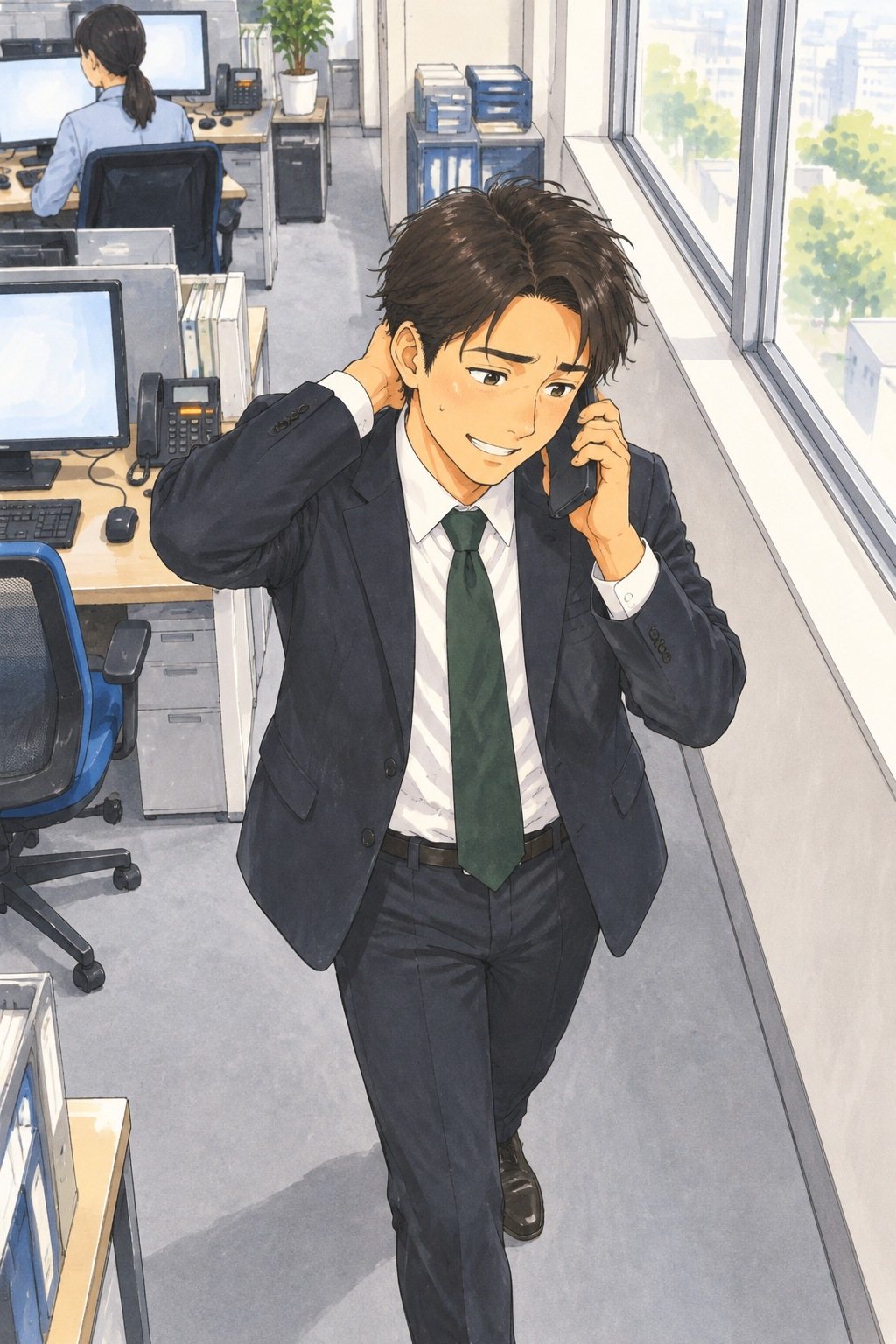 少し上から営業の男性。スマホを耳に当て、窓ぎわを歩きながら首の後ろに手をやる。