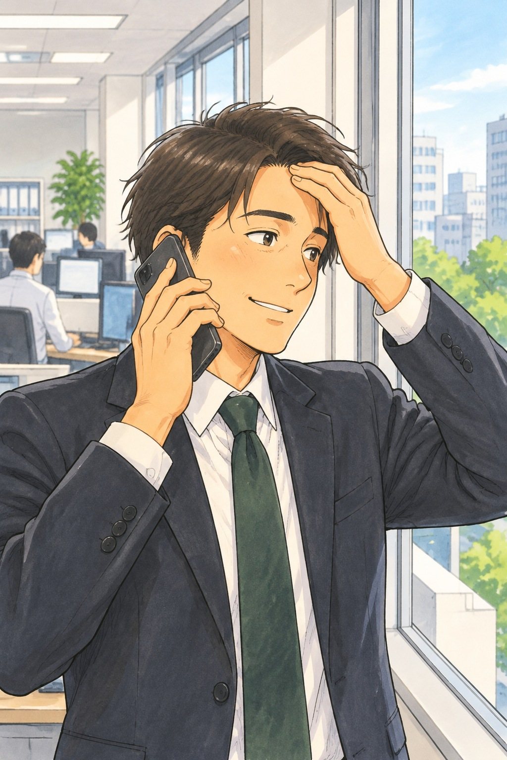 全国に店を持つ会社の明るい事務所。紺のスーツに深緑のネクタイの20代の男性の営業が、窓ぎわでスマホを耳に当て、空いた手で額を押さえて苦笑いする。会社の名前やロゴは無い。白い光。目の高さ。