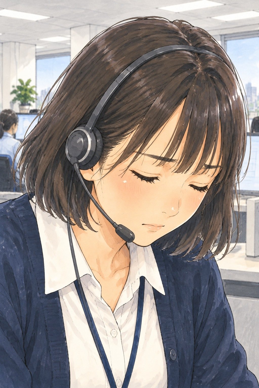 ヘッドセットの若い女性の顔の寄り。目を閉じて頭を下げる。
