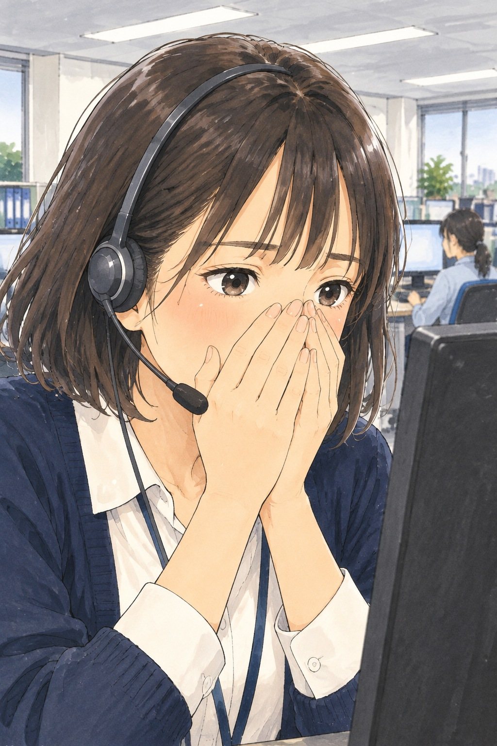 ヘッドセットの若い女性の寄り。電話を切ったあと、両手で顔の下半分を覆い、目だけで机の画面を見る。白い蛍光灯。