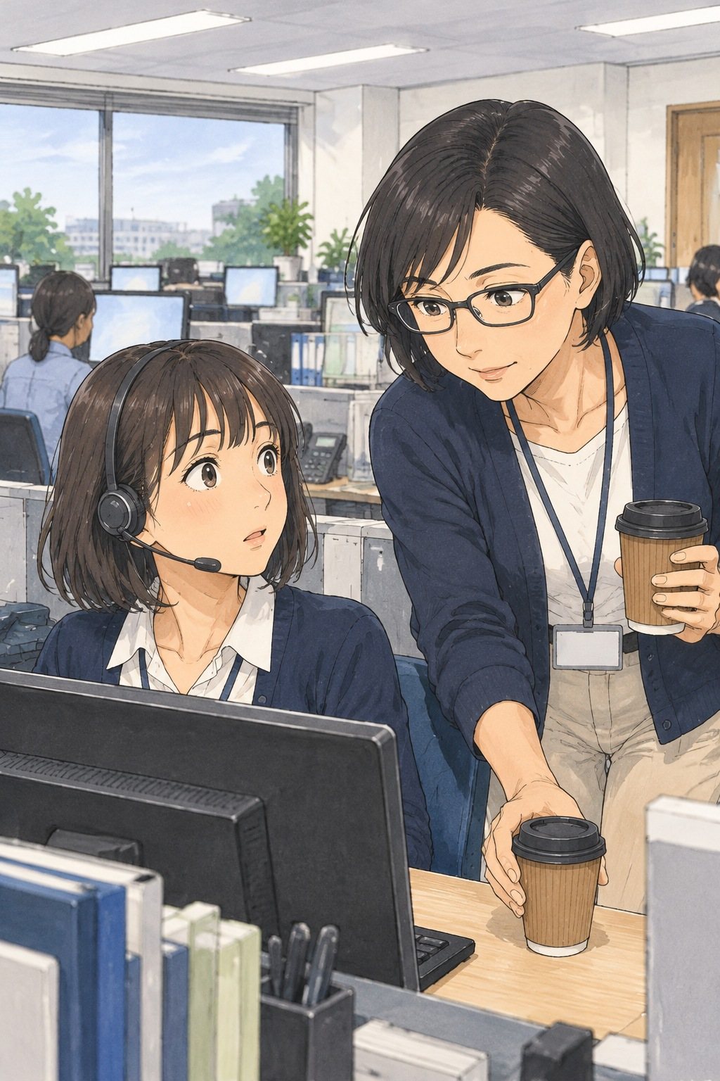 窓口の席の後ろ。紙コップのコーヒーを2つ持った40代の女性の主任が、若い女性の机に1つを置き、少しかがんで若い女性を見る。短い髪に眼鏡、紺の上着。白い蛍光灯。目の高さ。