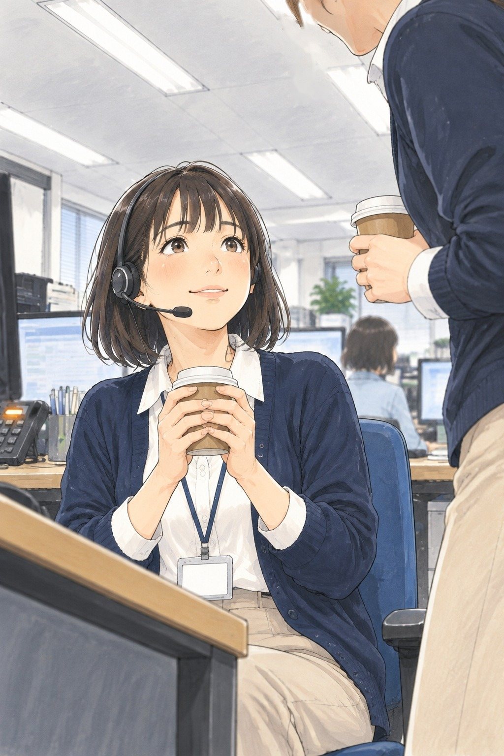 若い女性を机の高さから。紙コップを両手で包み、主任を見上げる。