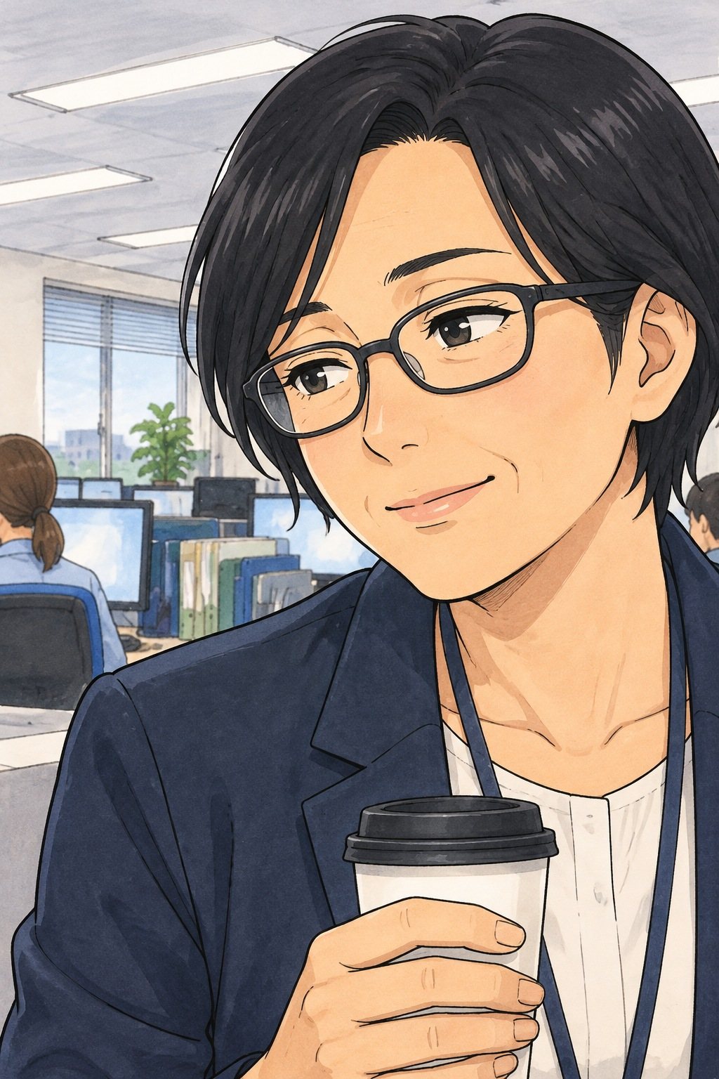 40代の主任の顔の寄り。コーヒーを持ち、疲れた目でやわらかく笑う。