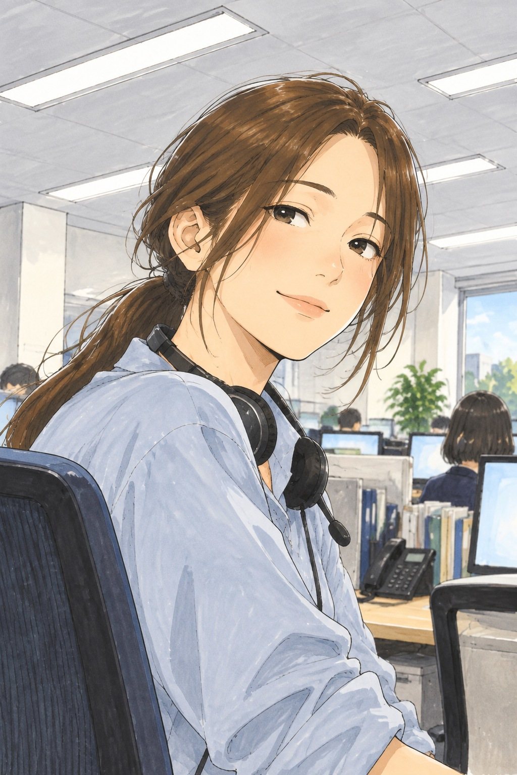 隣の席の茶の長い髪を低く結んだ女性の寄り。ヘッドセットを首にかけたまま、椅子を半分回して若い女性の方を向き、静かにうなずく。白い蛍光灯。少し下から。