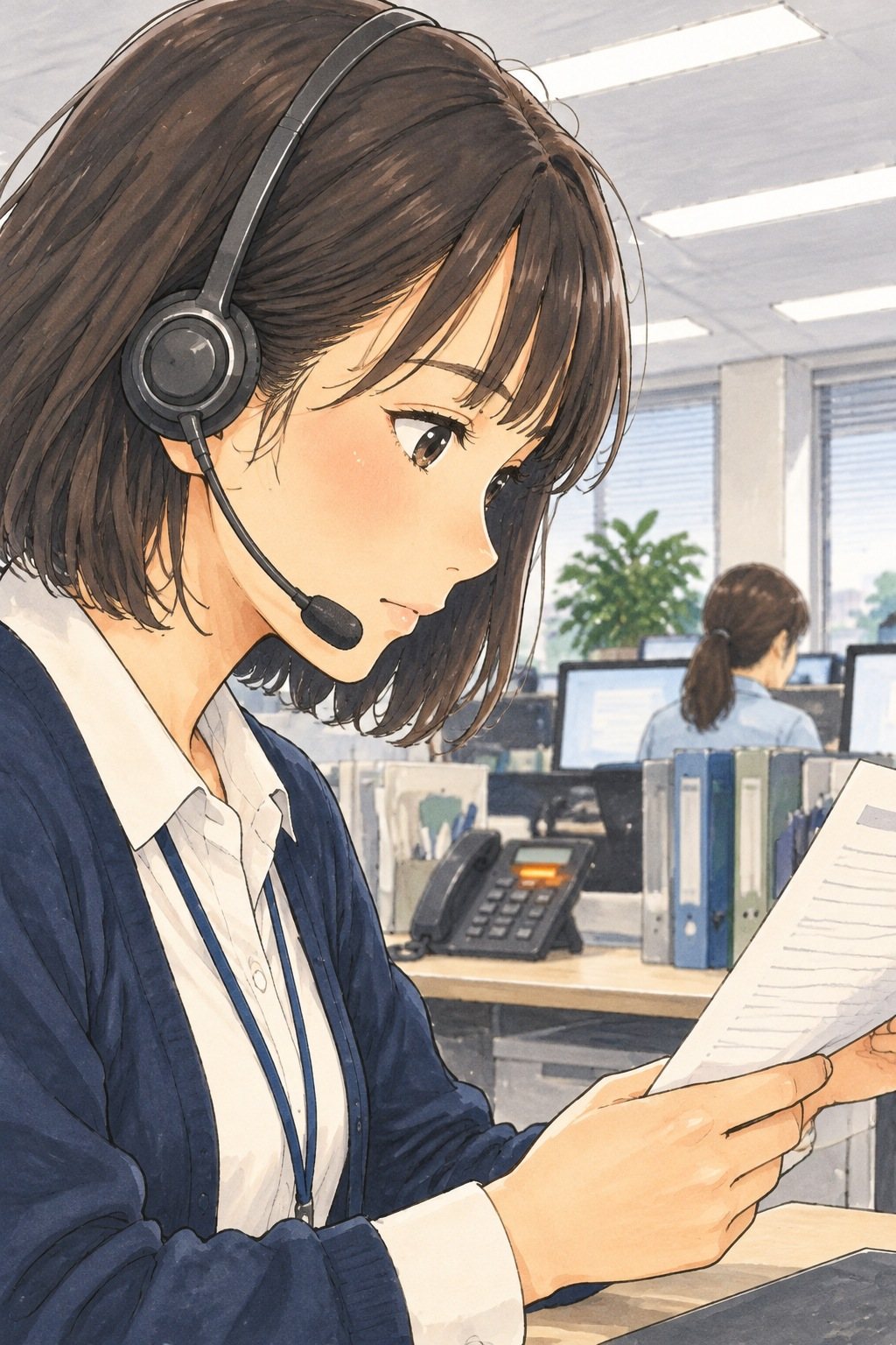 若い女性の横顔の寄り。窓口のメモの紙を見て、口を結ぶ。
