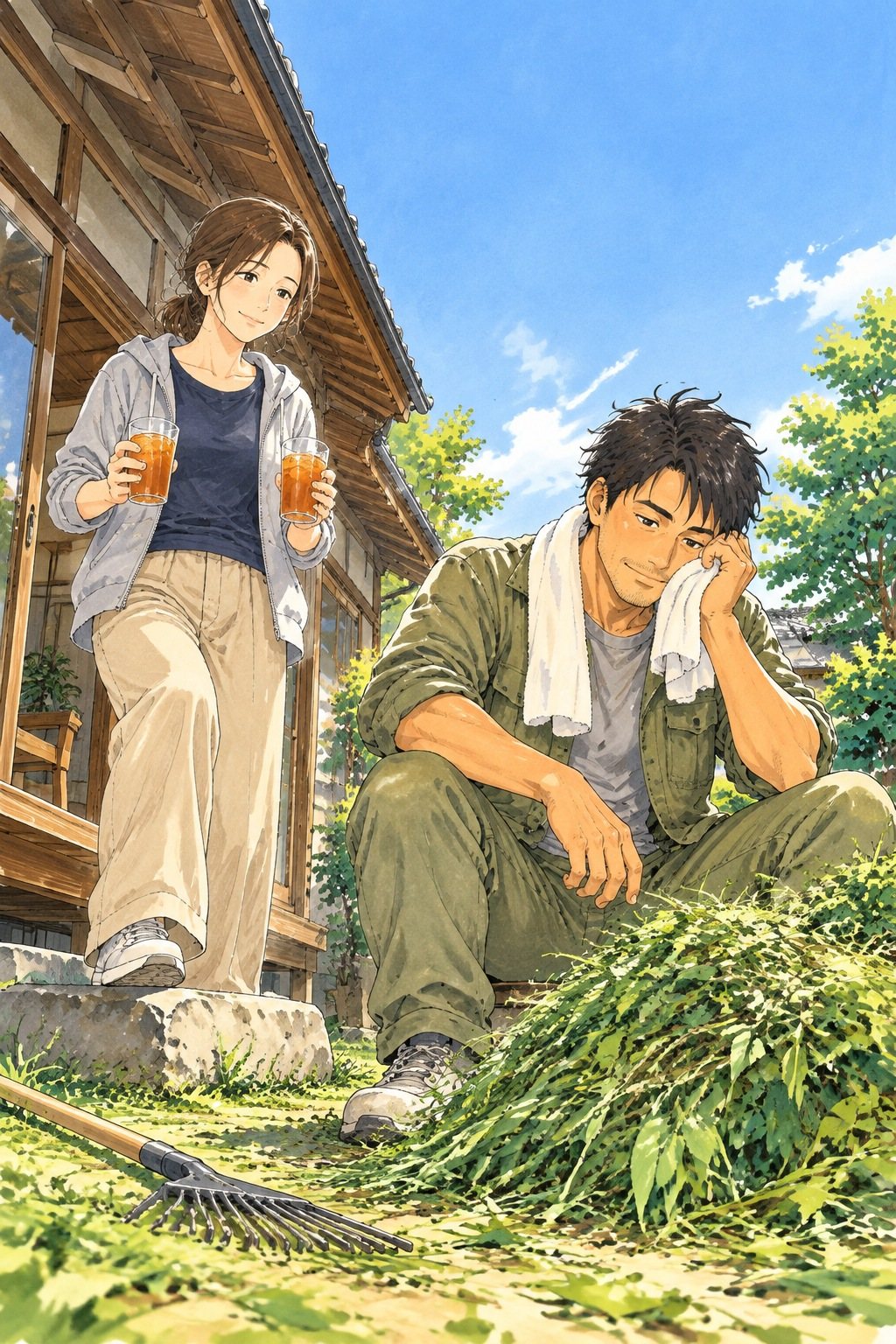 刈り終えた実家の庭。積み上げた刈り草のそばに座り、首のタオルで汗をぬぐう30代の男性。縁側から、麦茶のコップを2つ持った、髪を首の後ろで低く結んだ女性が下りてくる。青空。目の高さより少し下から。