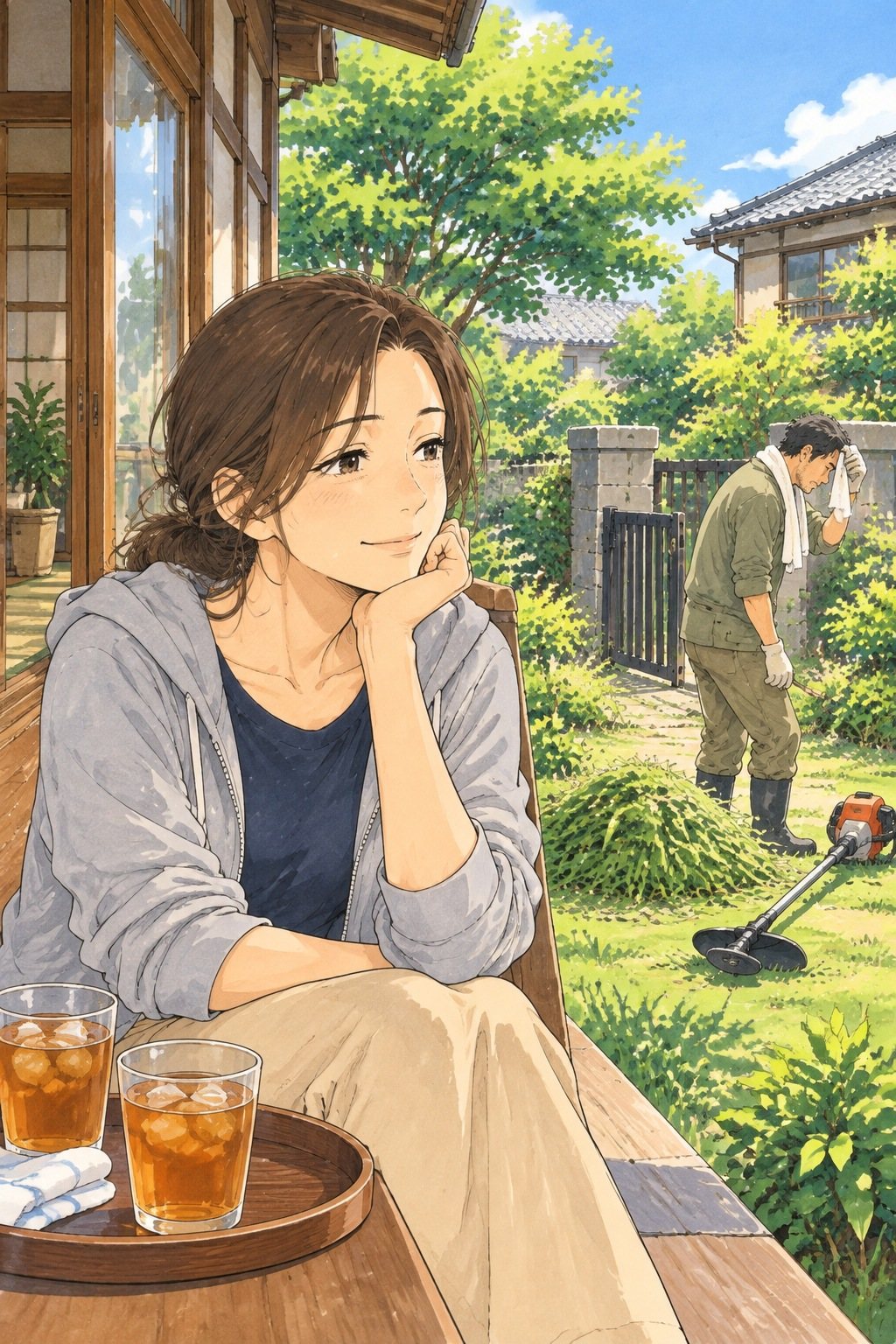 縁側に座る女性の胸から上。麦茶の盆を横に置き、頬杖をついて庭の弟を見る。