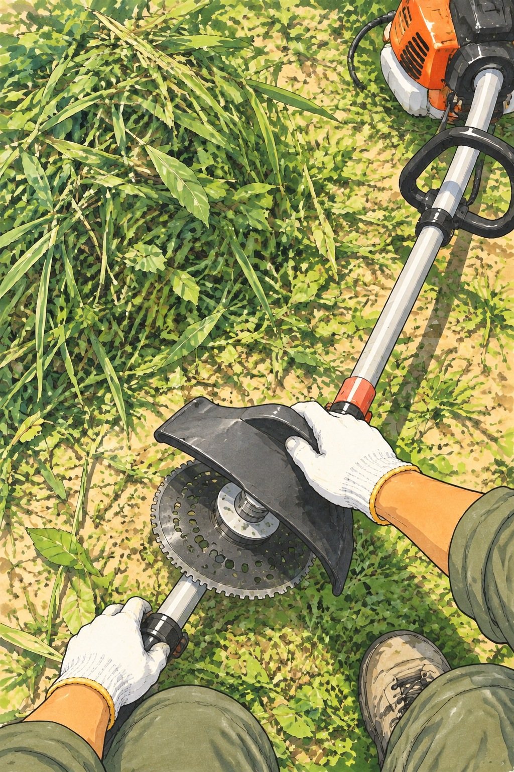 真上から、刈り草の山と草刈り機。軍手の手が刃のカバーを閉じる。
